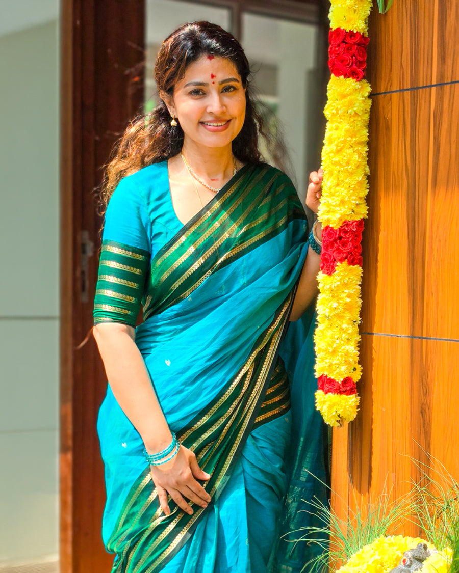 Peacock Blue Silk Cotton Saree with Green Zari Border
