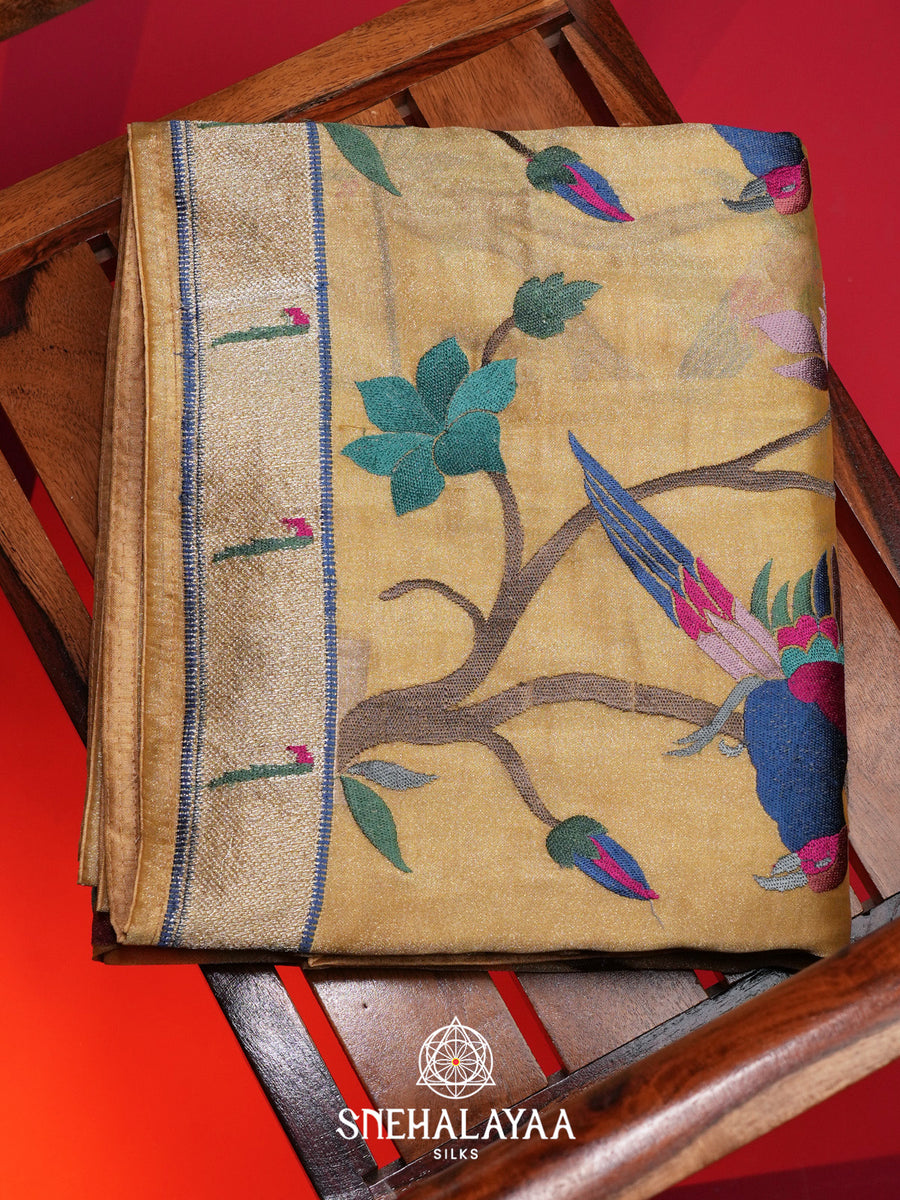Yellow Tissue Saree with Paithani Design