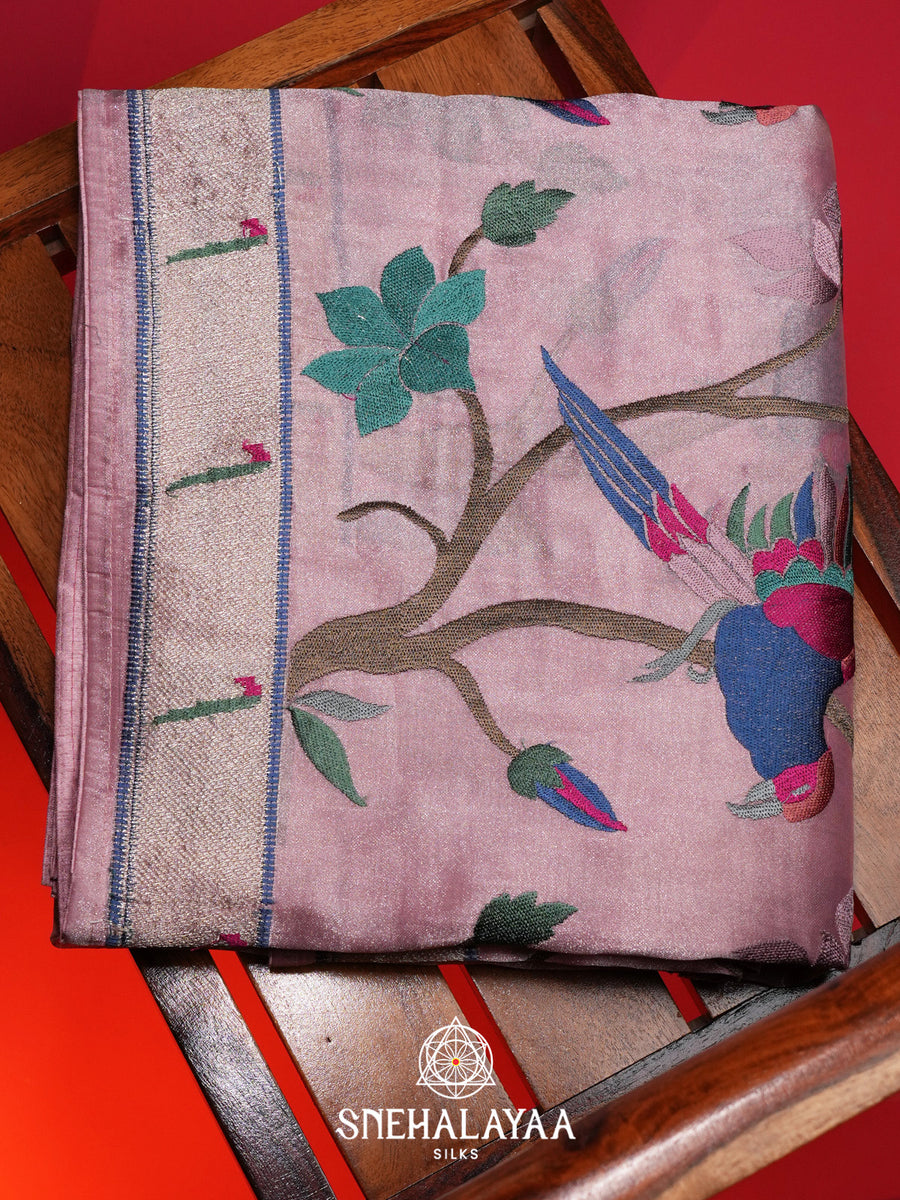 Dusty Pink Tissue Saree with Paithani Design