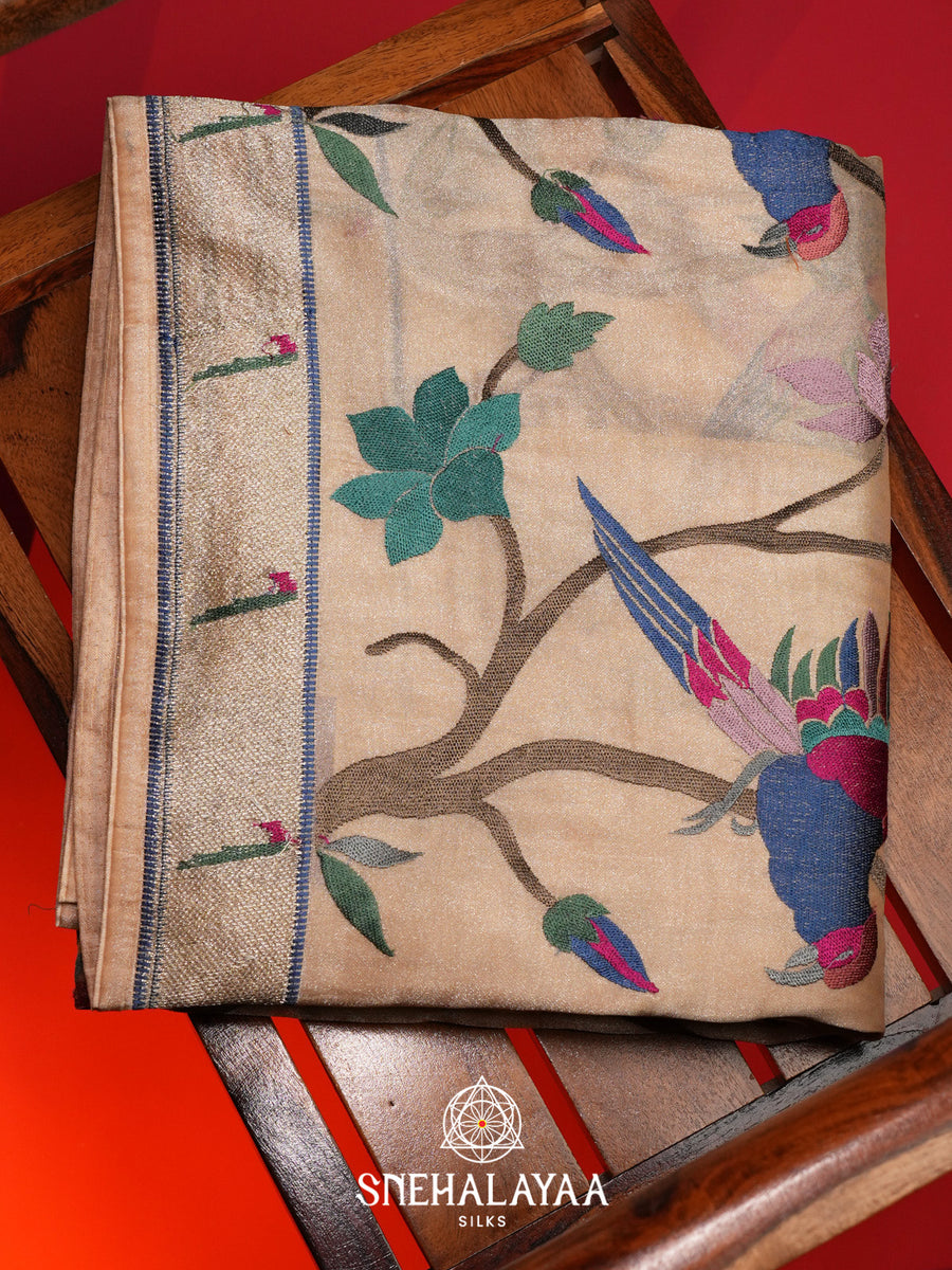 Cream Tissue Saree with Paithani Design