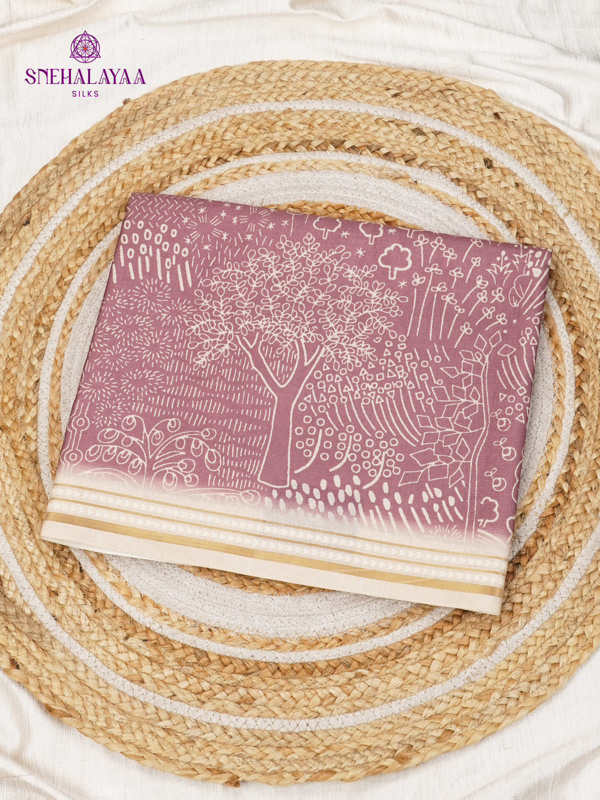 Lilac Floral Printed Tussar Saree