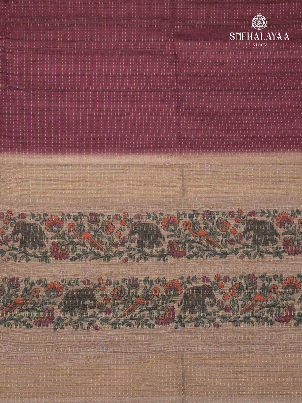 Burgundy Floral Printed Tussar Saree