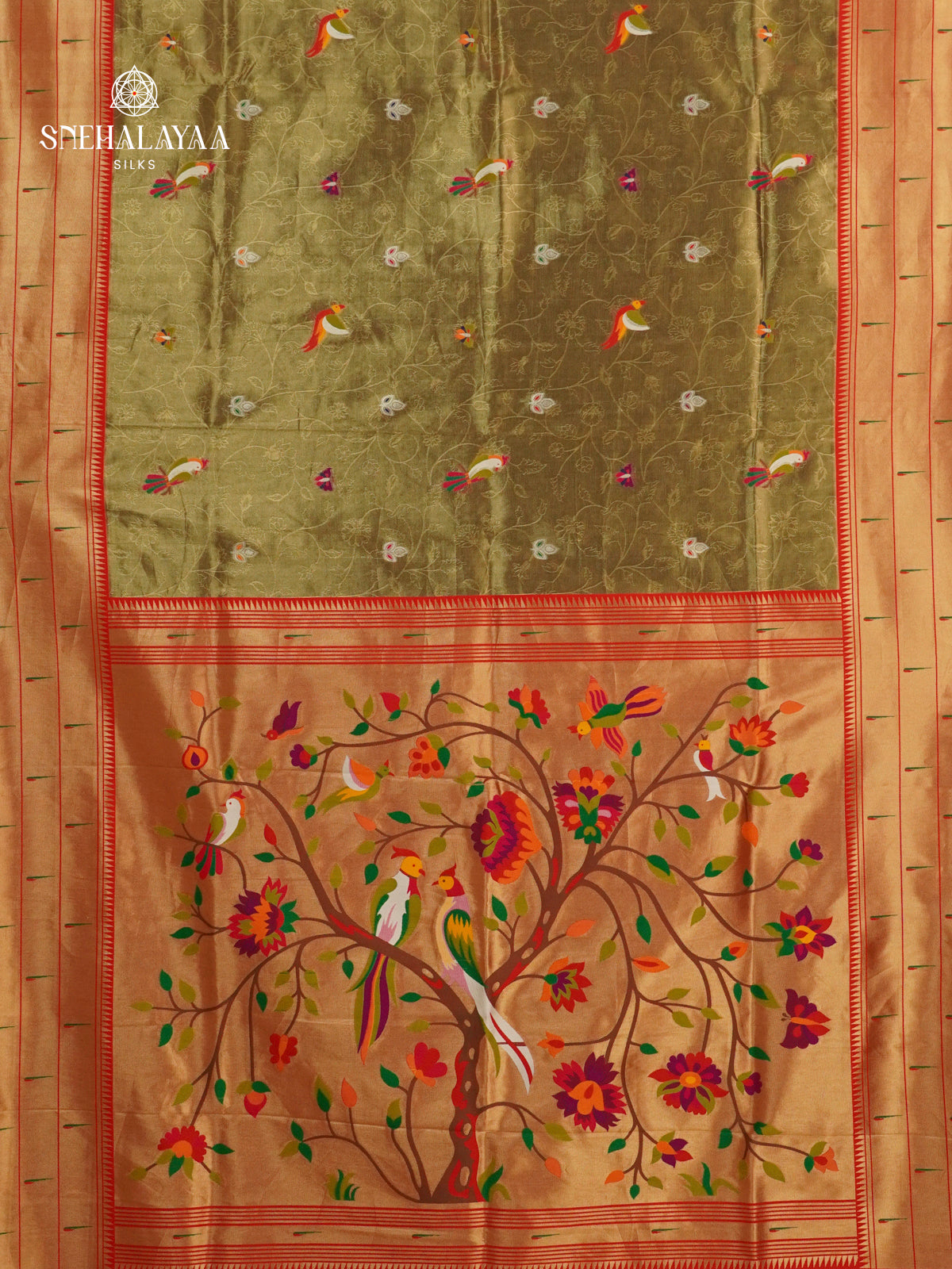 Olive Green Tissue Paithani Saree