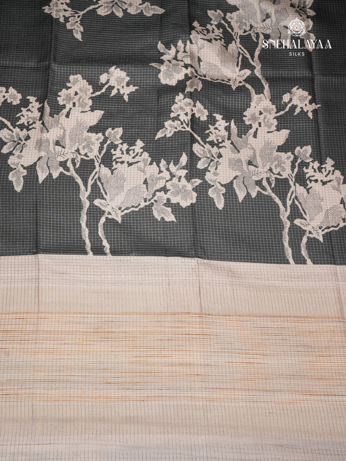 Black Floral Printed Tussar Saree