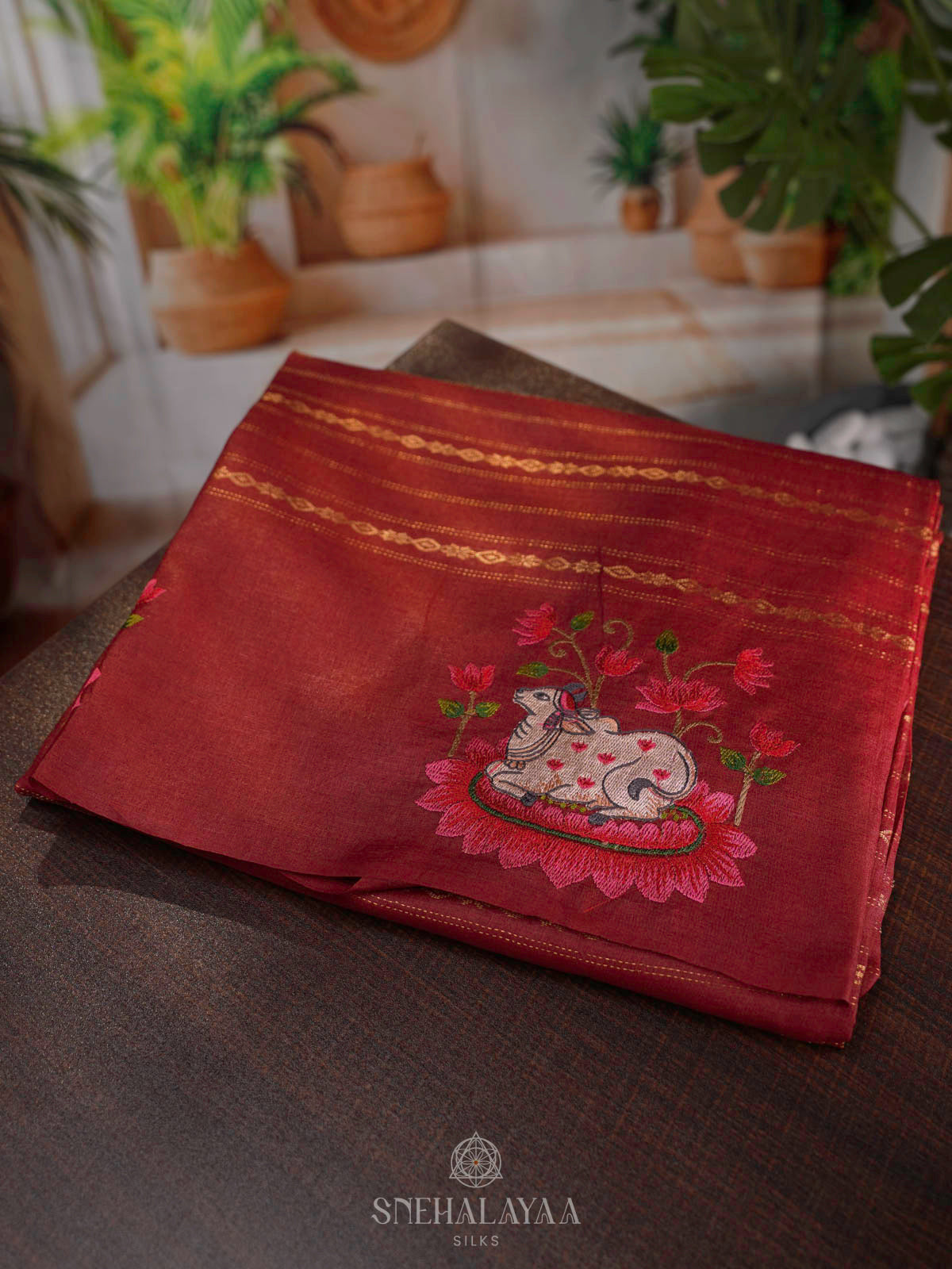 Maroon Tussar Embroidery Saree