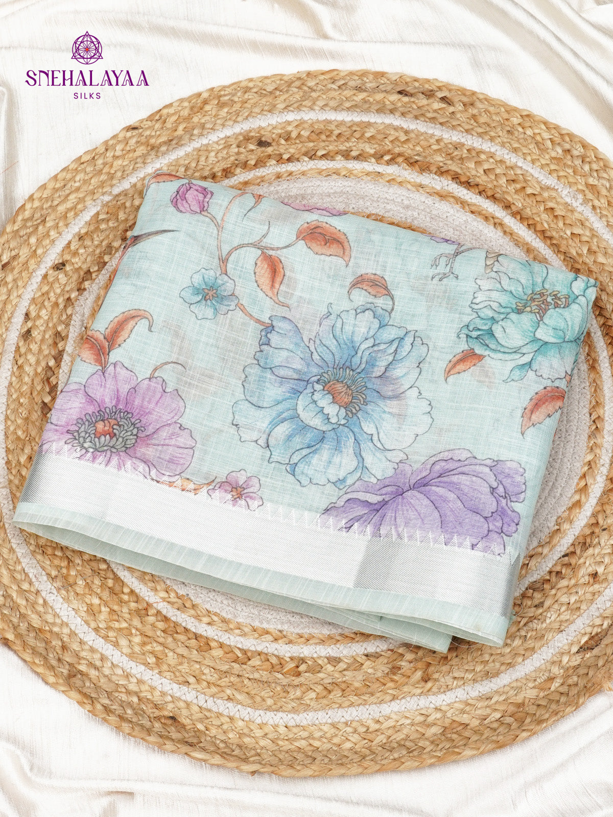 Pastel Blue Printed Linen Saree