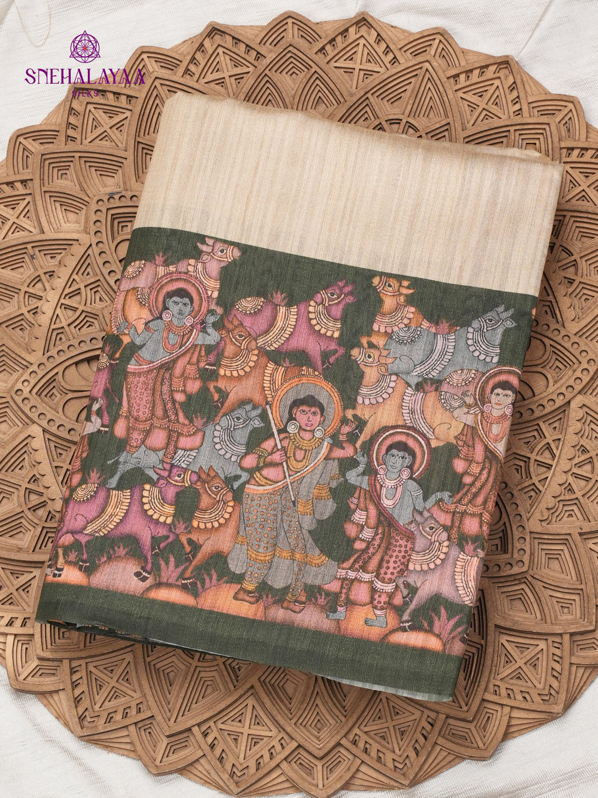 Beige Kalamkari Tussar Saree