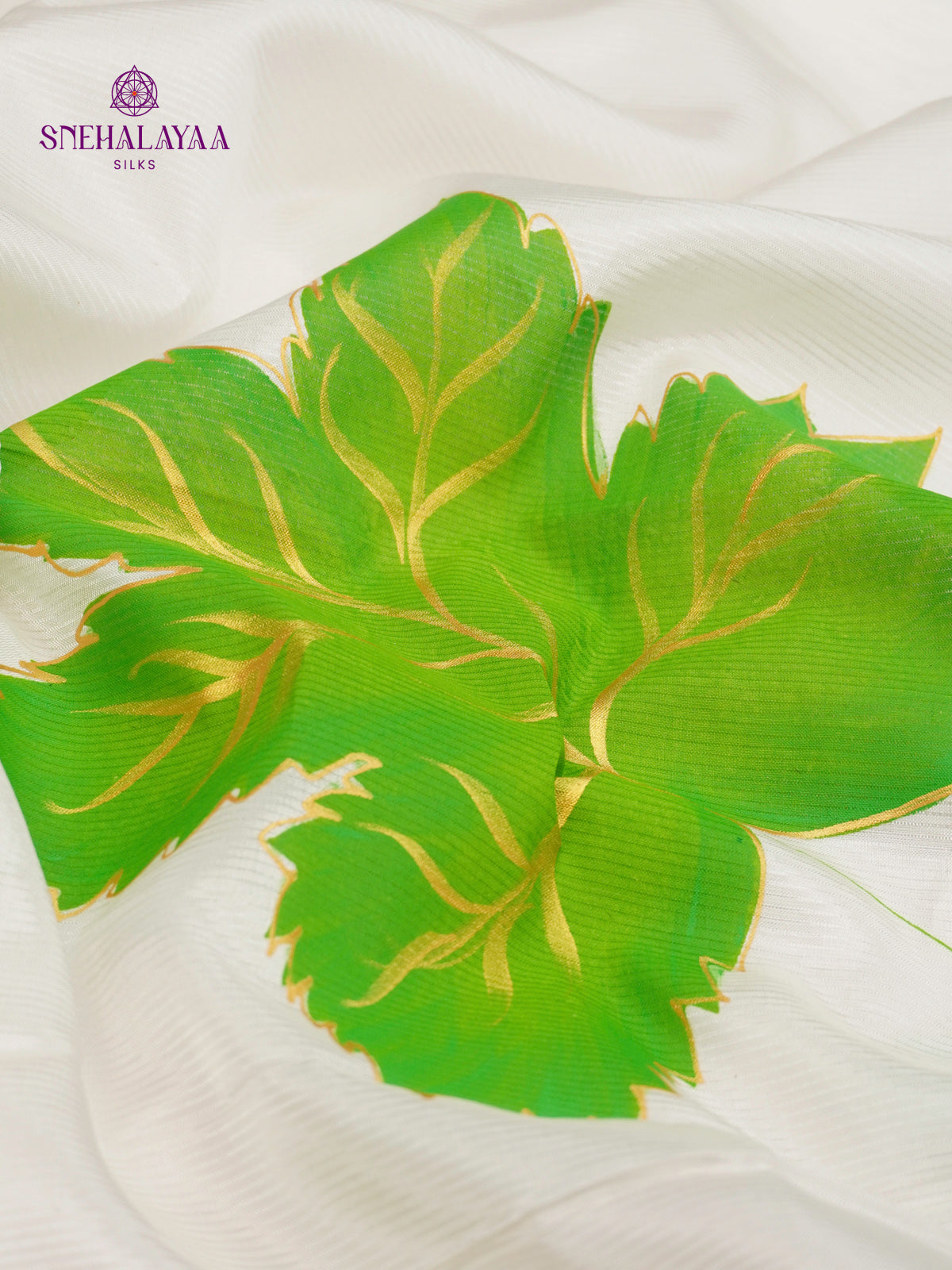 Off White Mangalagiri Silk Cotton Saree with Hand Painted Parrot Green Leaf Motifs