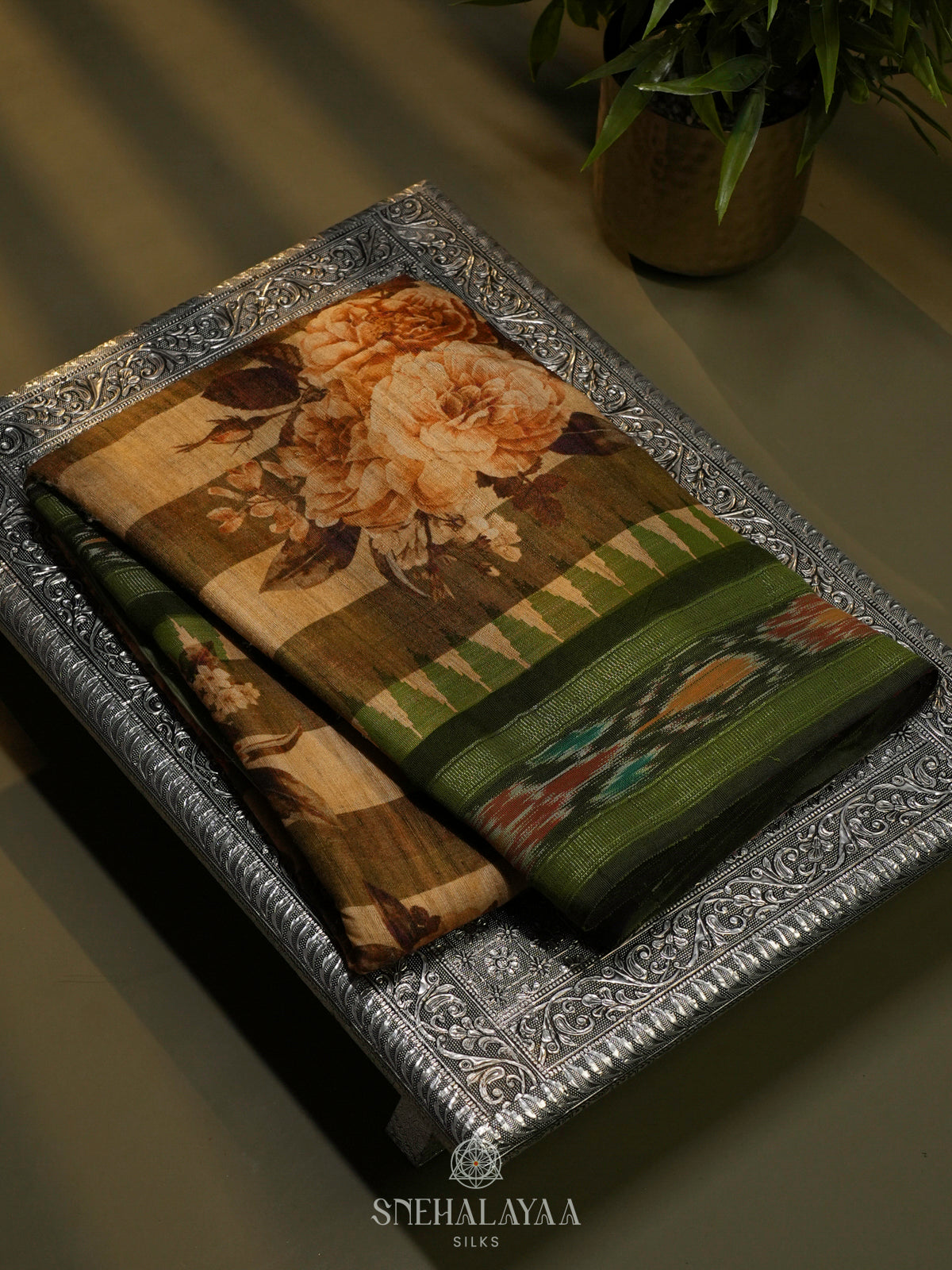 Beige Munga Tussar Saree with Green Border