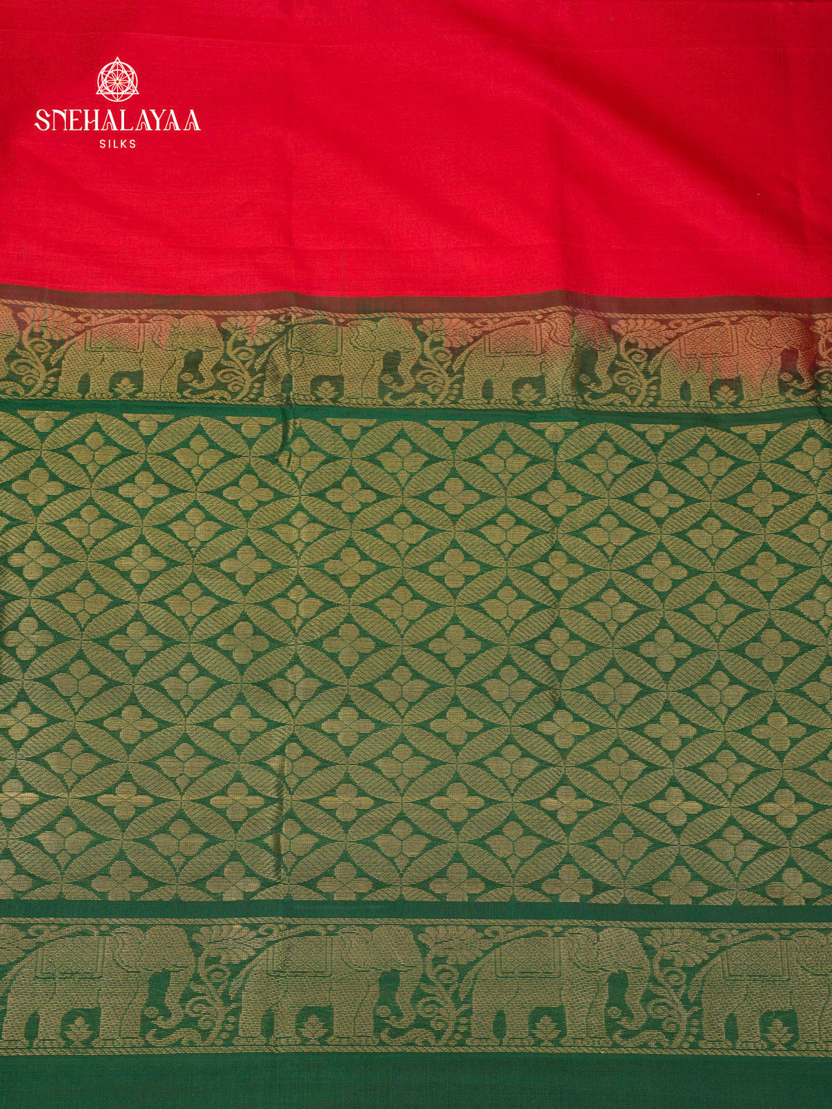 Rust Brown Kuppadam Silk Cotton Saree with Green Elephant Zari Border