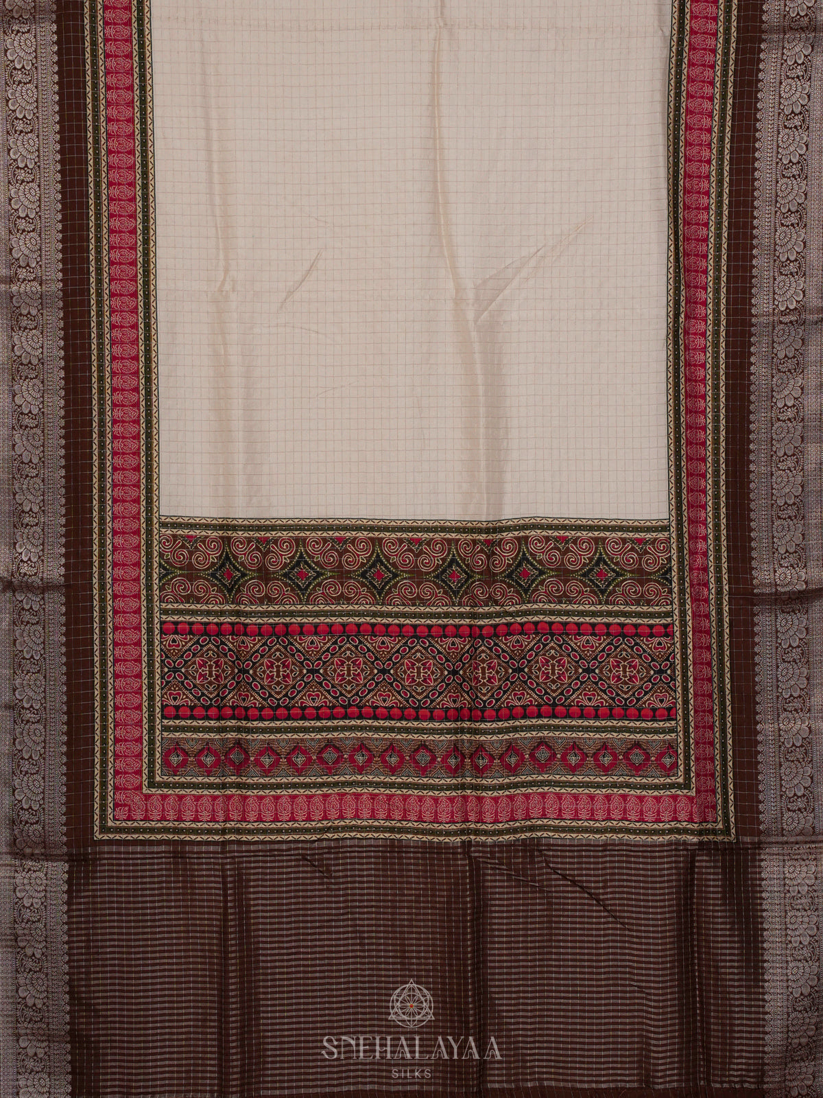 Cream Banaras Crepe Saree with Brown Border