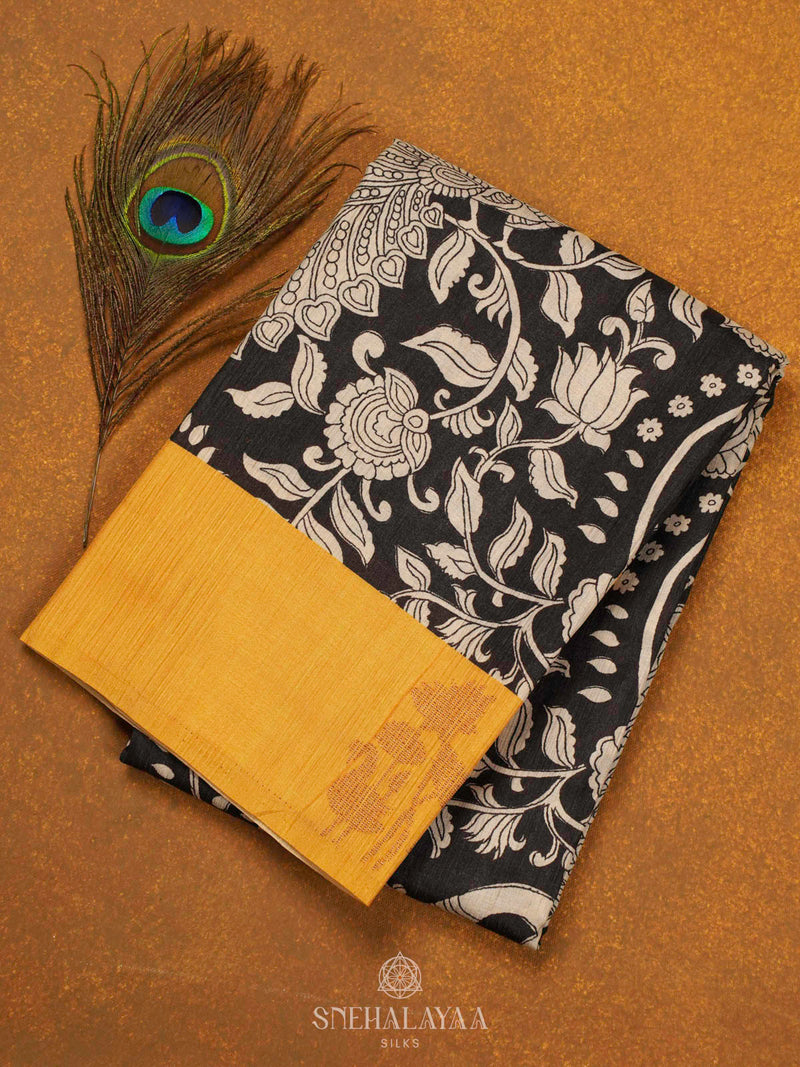 Black Tussar Saree with Yellow Border