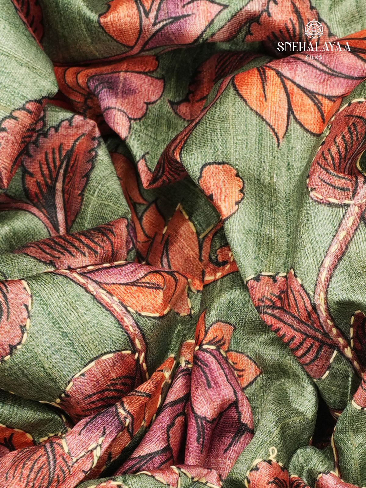 Olive Green Tussar Embroidery Saree