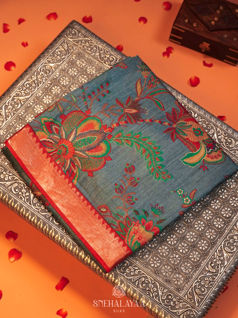 Peacock Blue Munga Tussar Saree