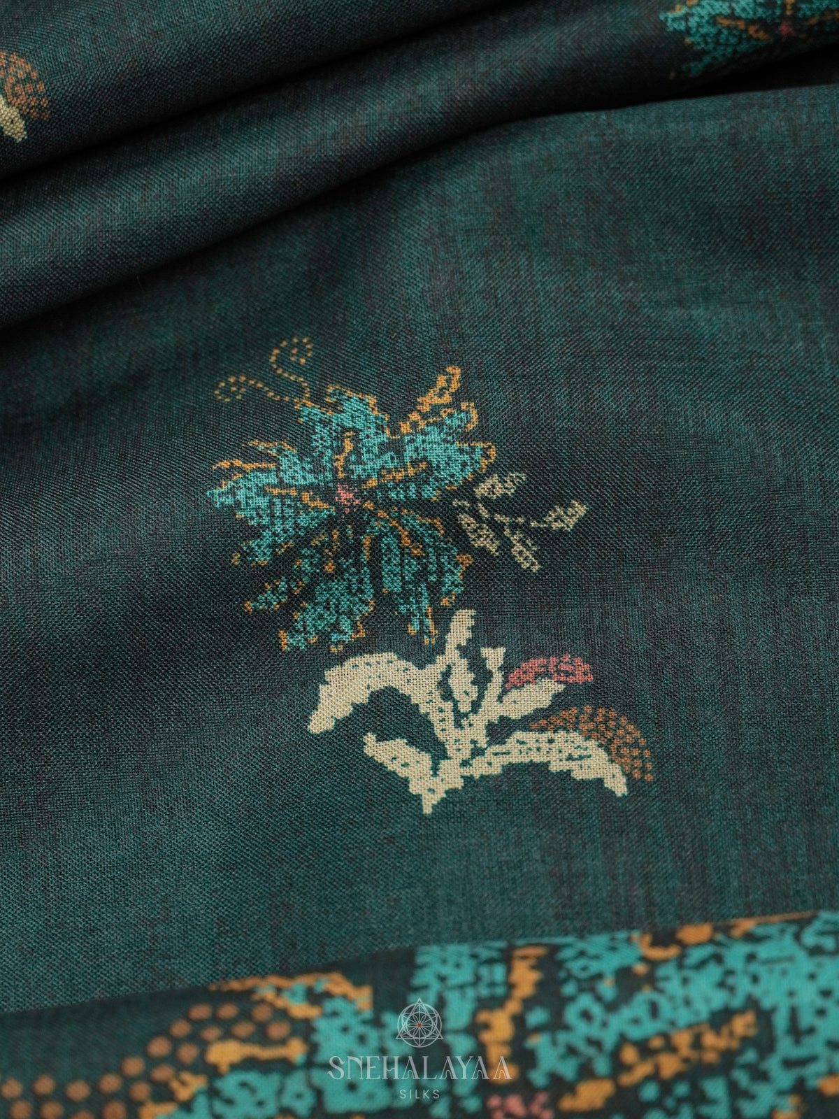 Forest Green Floral Printed Tussar Saree