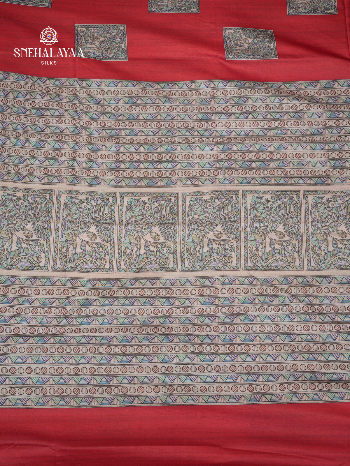 Coral Red Madhubani Printed Saree