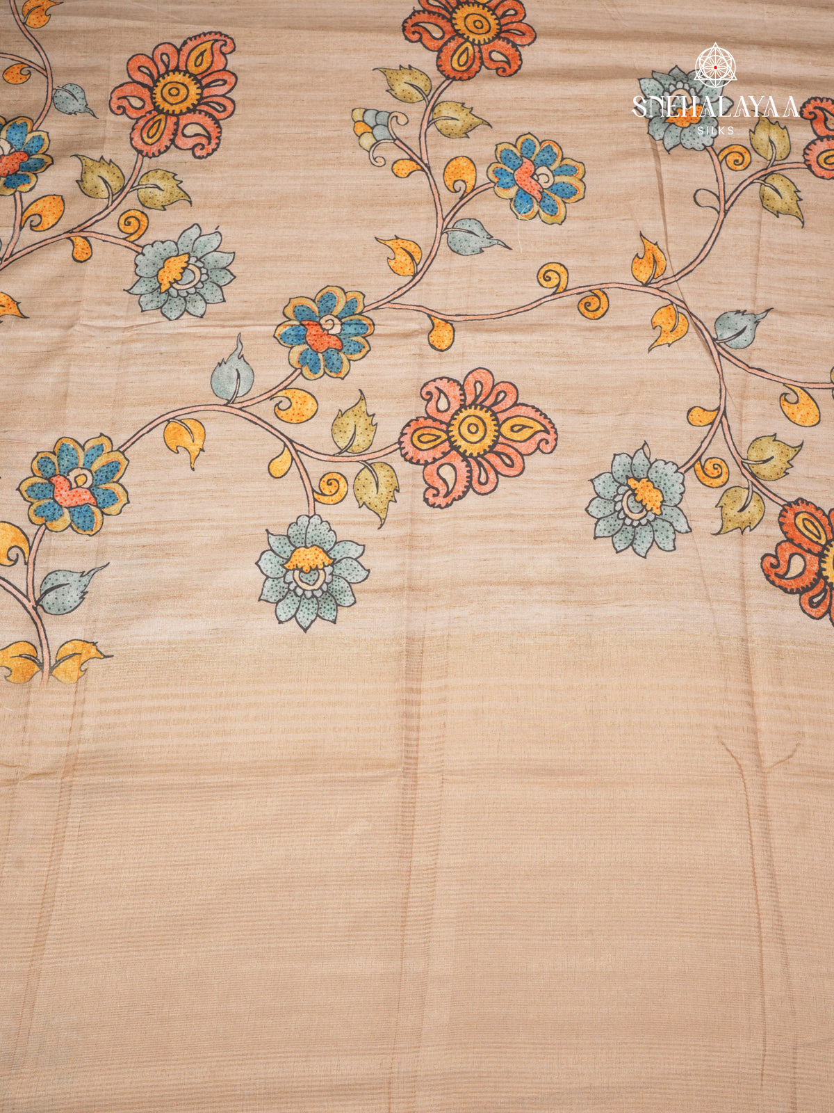 Beige Floral Printed Tussar Saree
