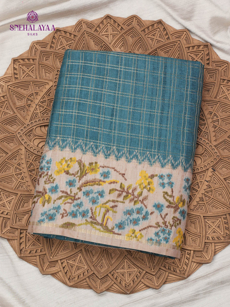 Peacock Blue Floral Printed Tussar Saree