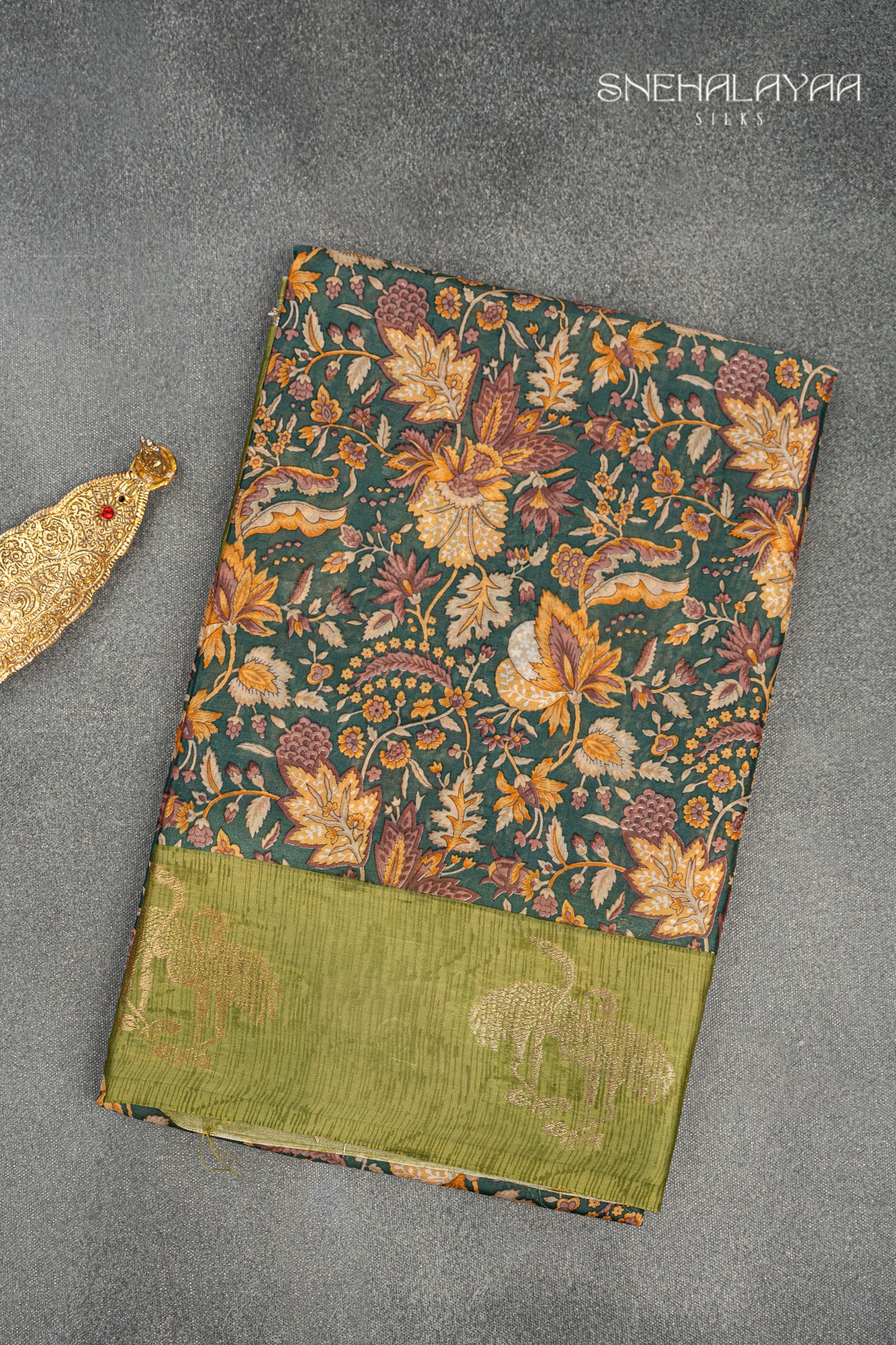 Moss Green Semi Printed Silk Saree