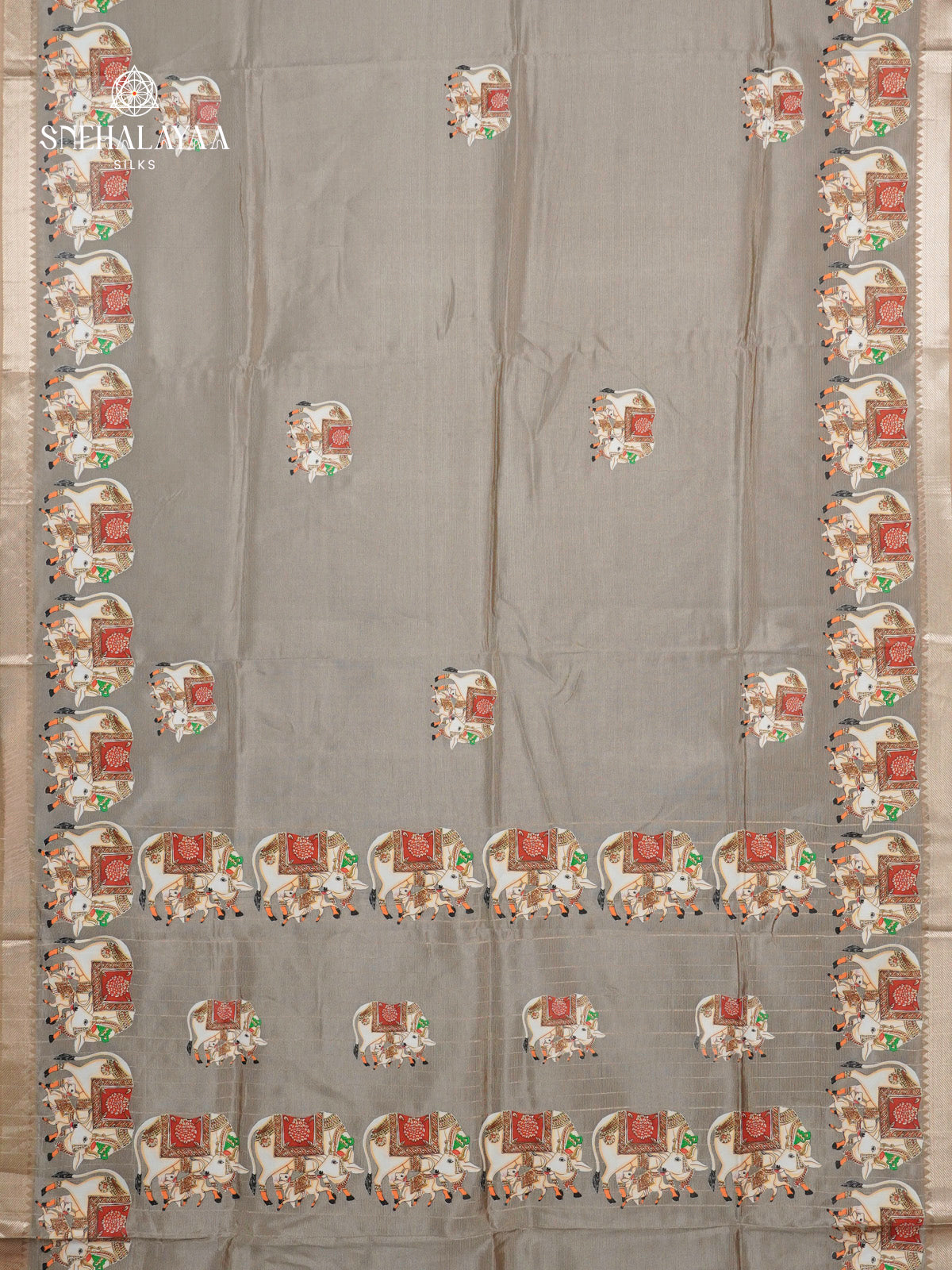Grey Mangalagiri Silk Cotton Saree with Tanjore Art Print