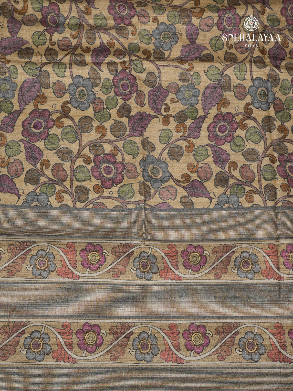 Beige Floral Printed Tussar Saree