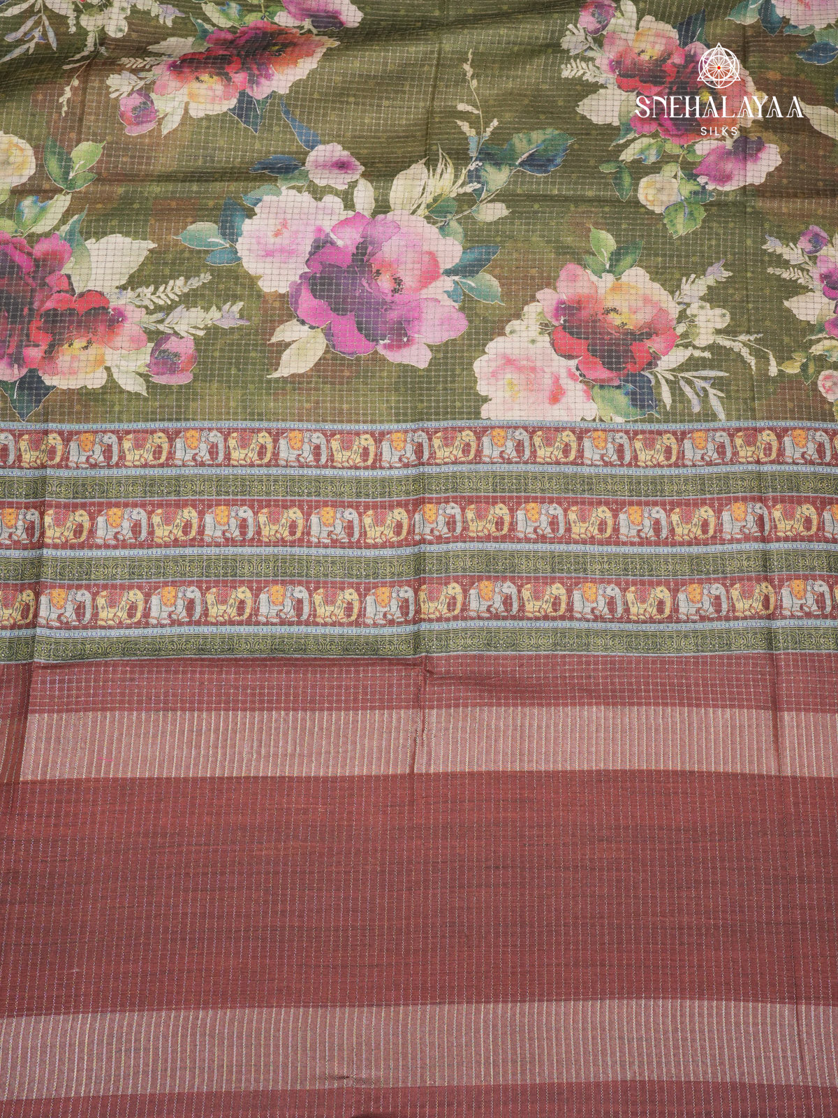 Olive Green Floral Printed Tussar Saree