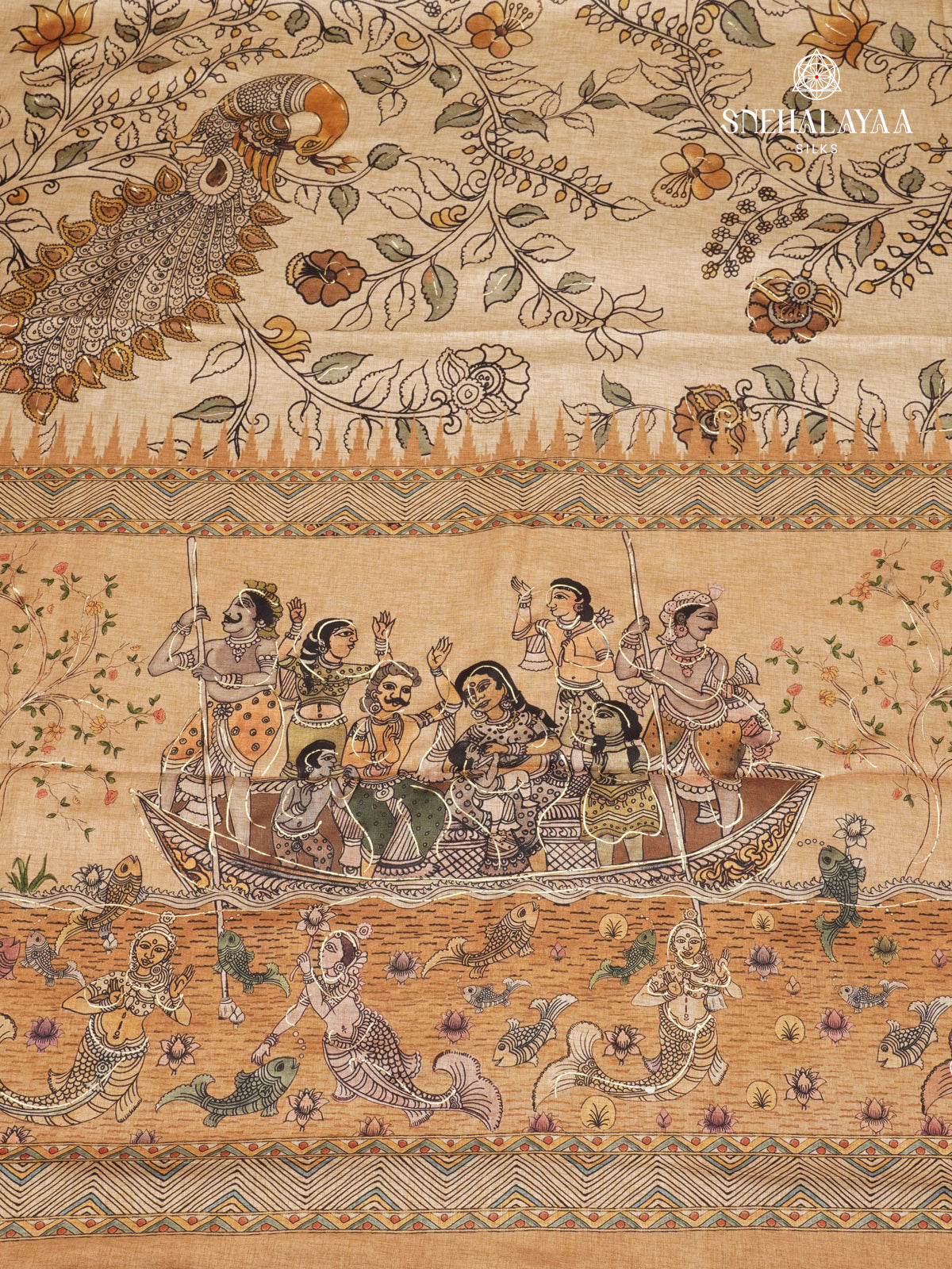 Beige With Pastel Orange Border Floral Printed Tussar Saree