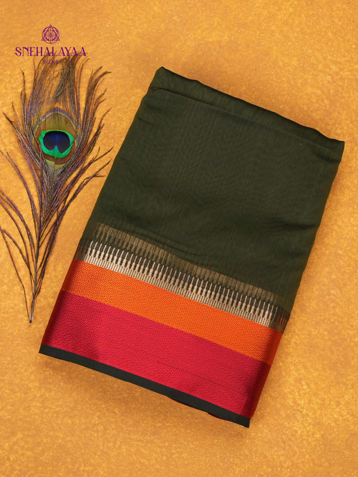 Olive Green Maheshwari Silk Cotton Saree