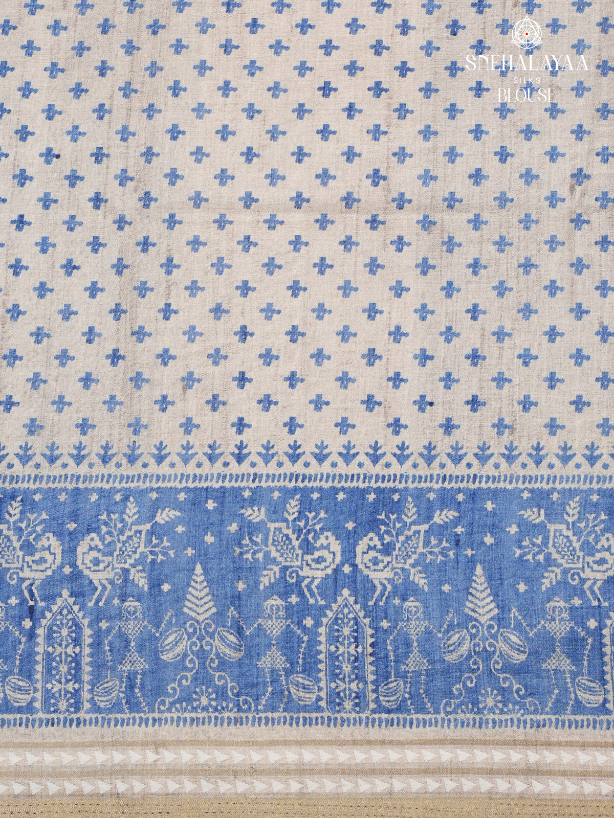 Beige With Blue Border Printed Tussar Saree