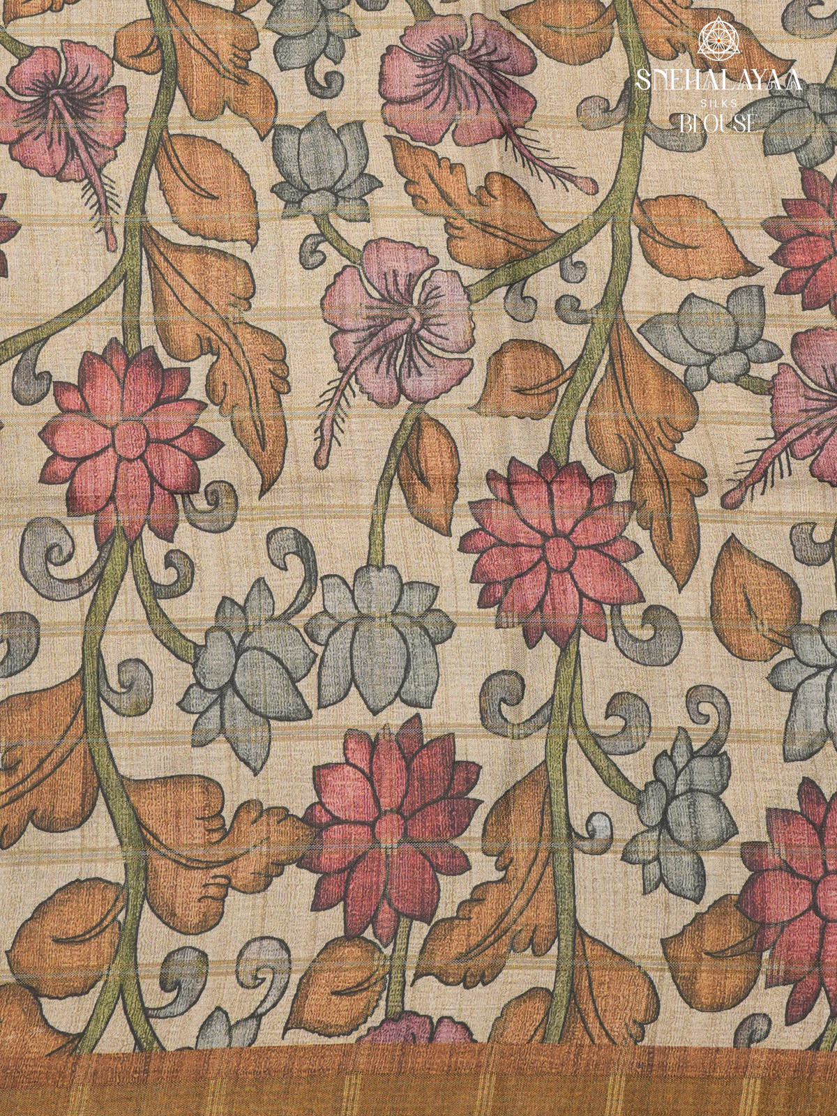 Brown Floral Printed Tussar Saree