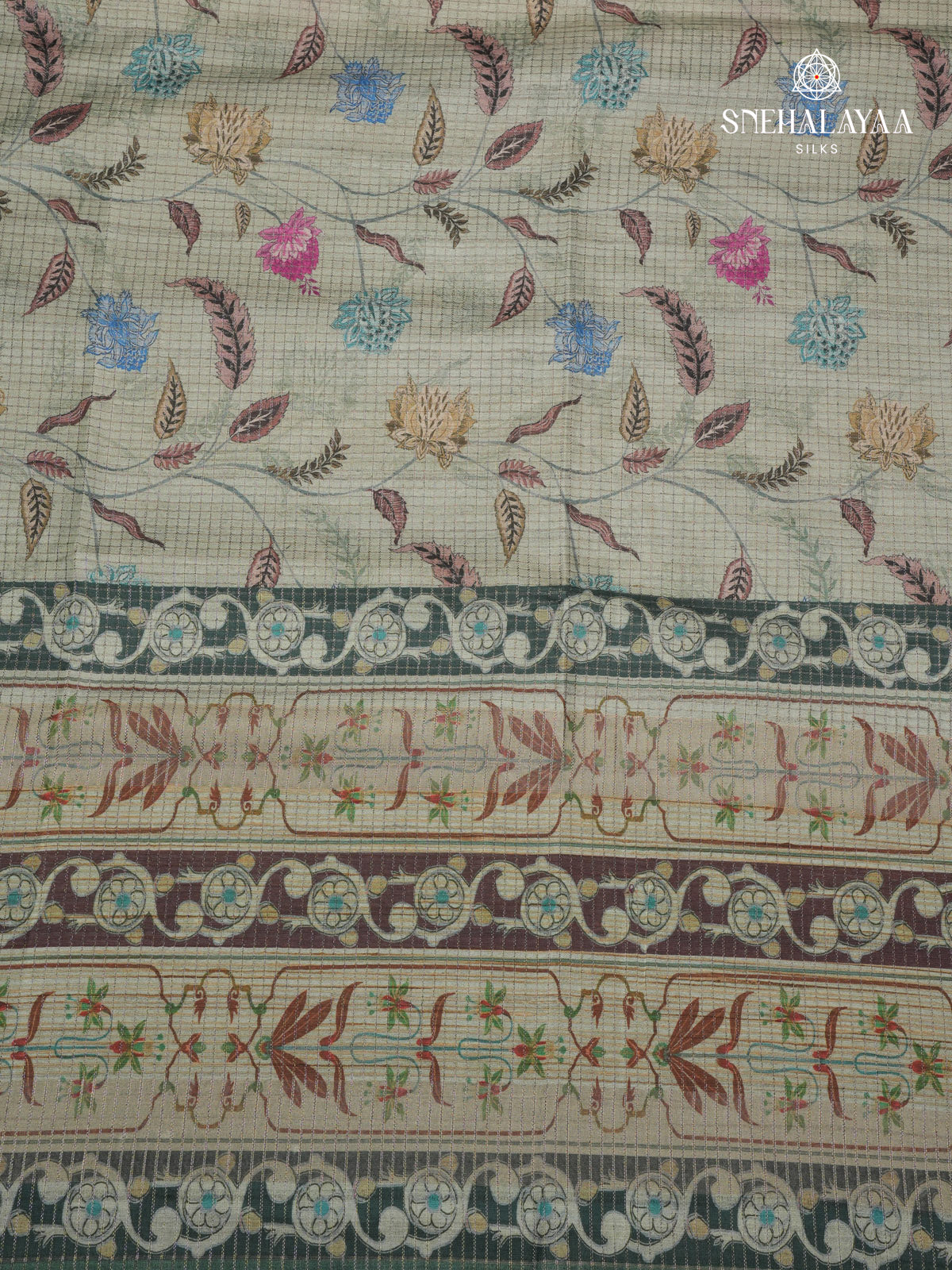 Grey Floral Printed Tussar Saree