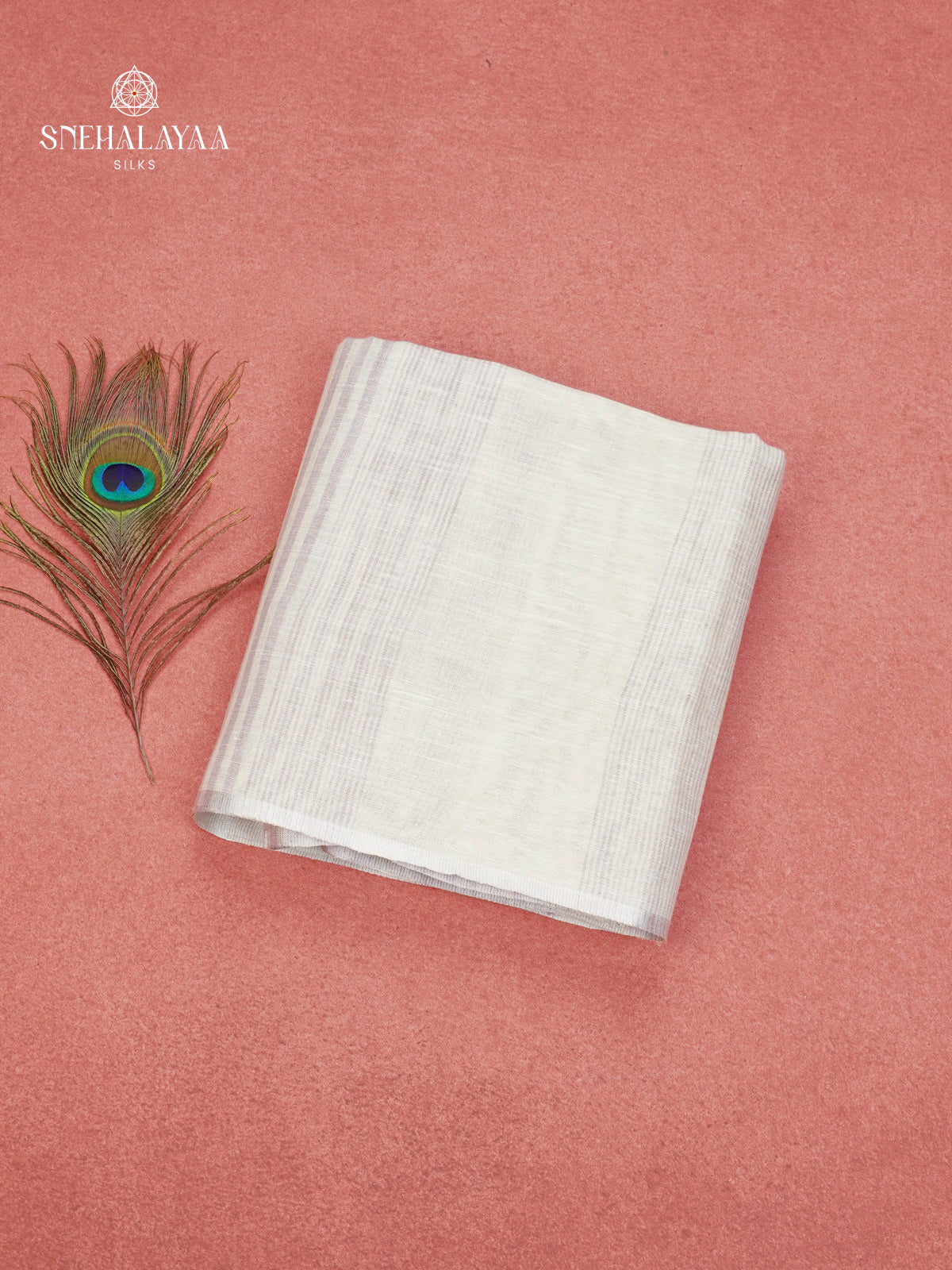 Off-White Linen Saree with Subtle Grey Stripes