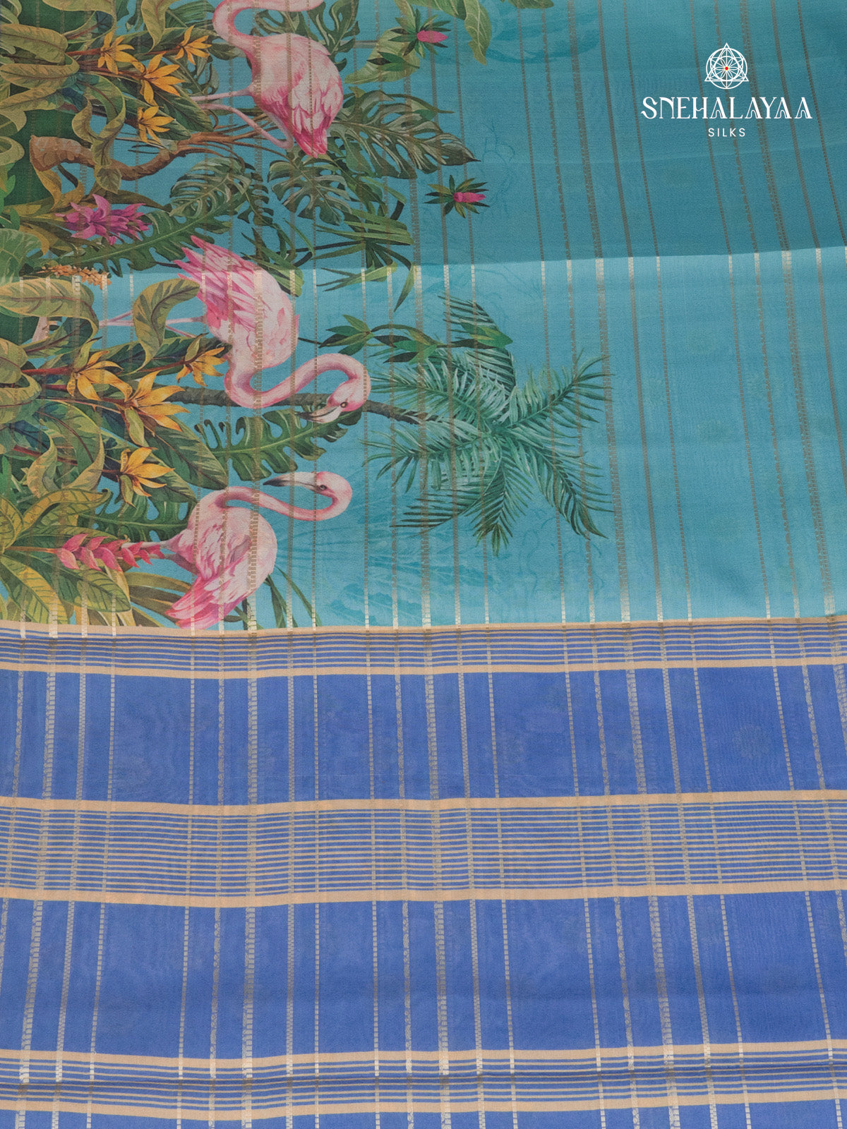Aqua Blue Printed Mysore Silk Saree