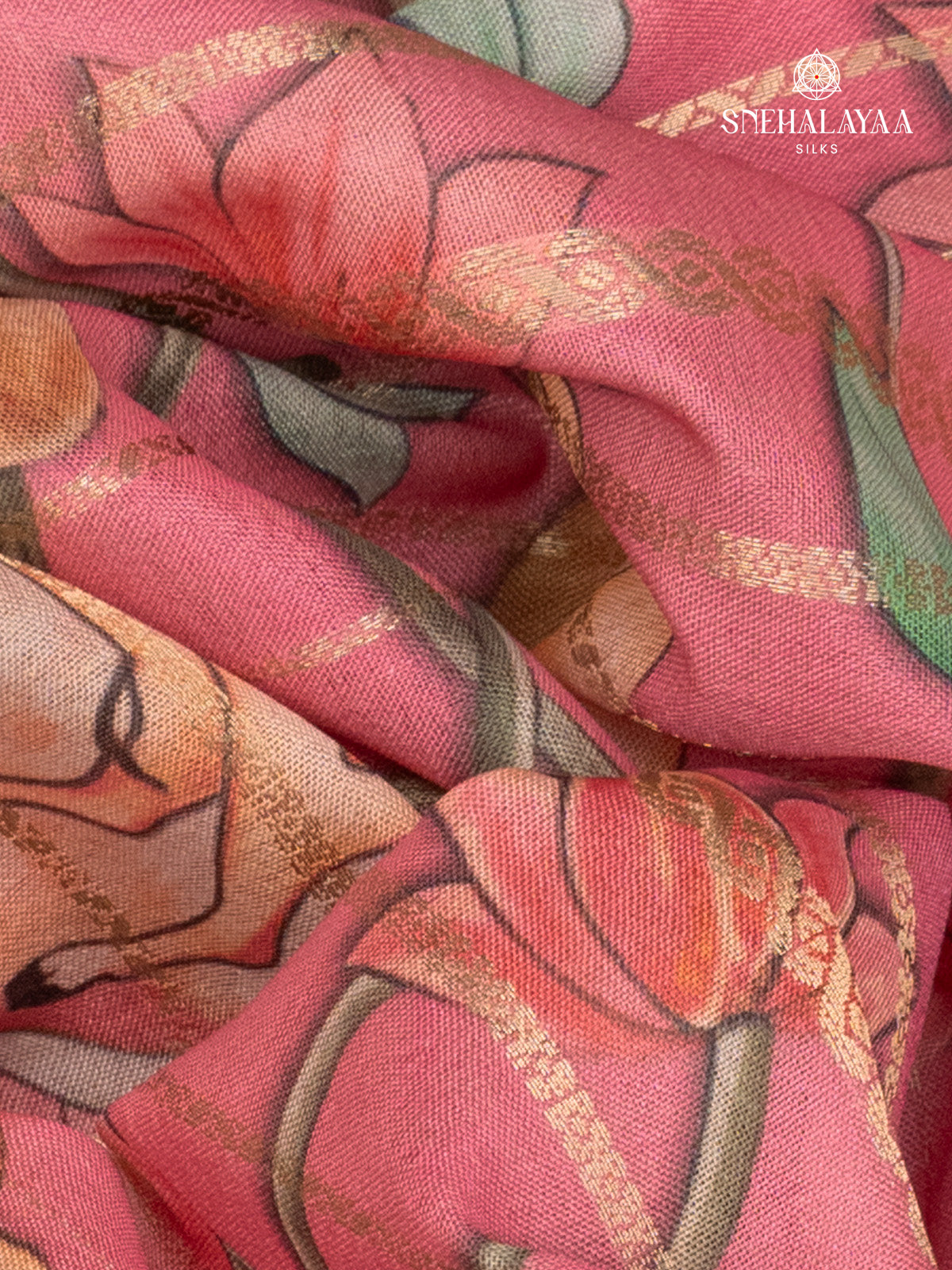 Pink Printed Mysore Silk Saree