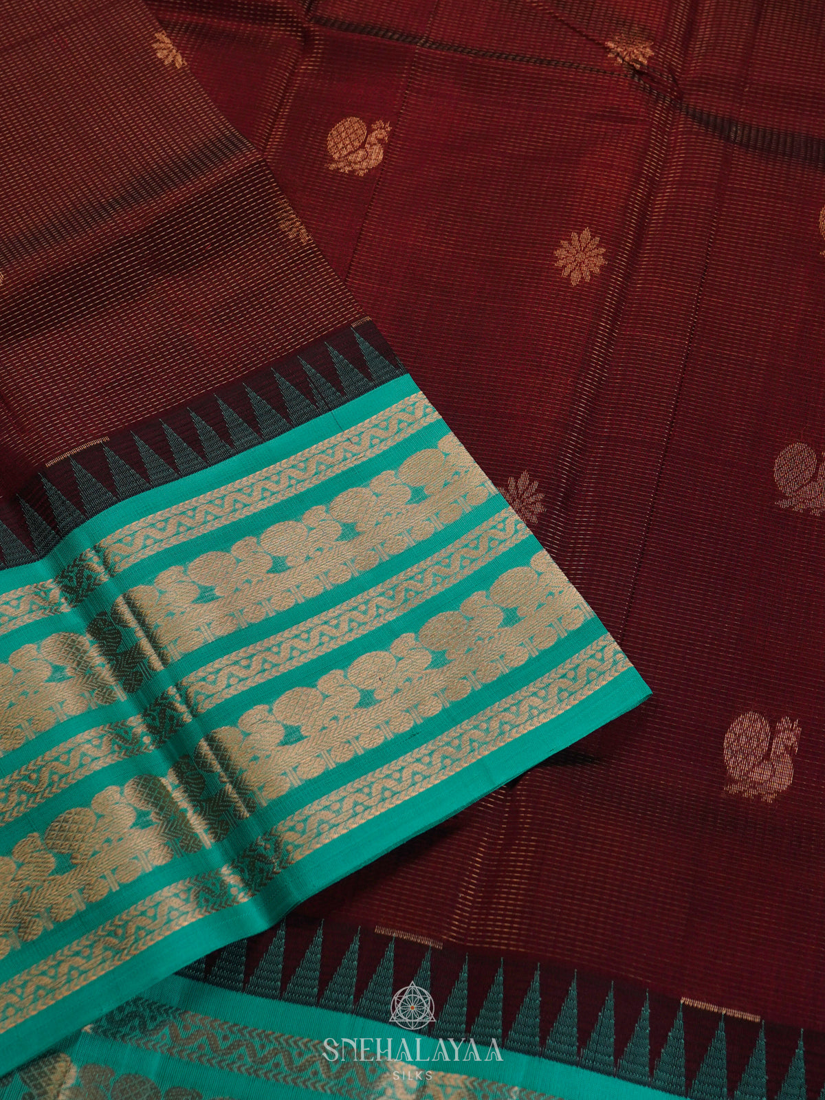 Maroon Kuppadam Silk Cotton Saree with Sky Blue Border