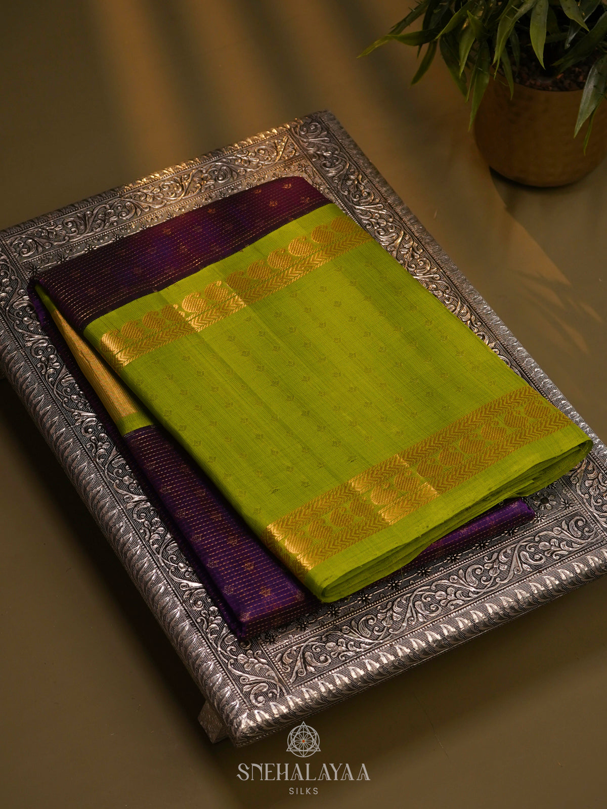 Purple Kuppadam Silk Cotton Saree with Lime Green Border