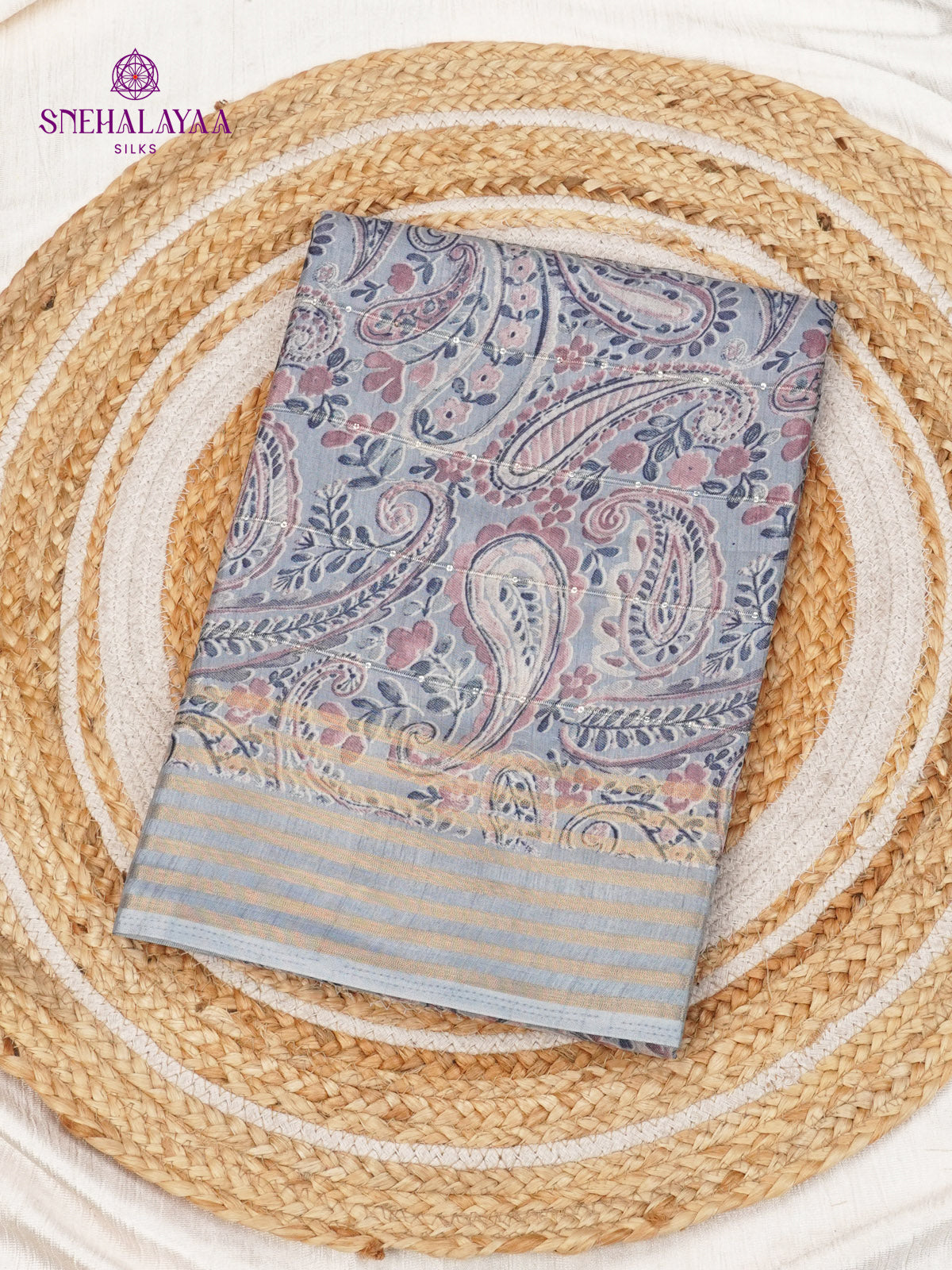 Pastel Blue Floral Printed Tussar Saree