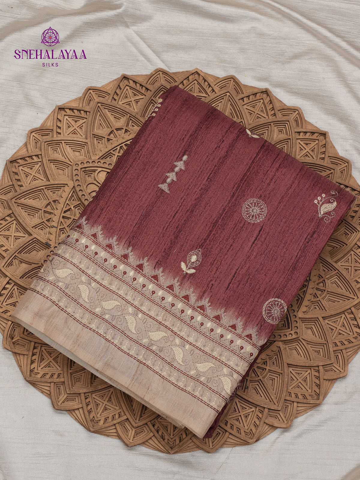 Brown Tussar Embroidery Saree