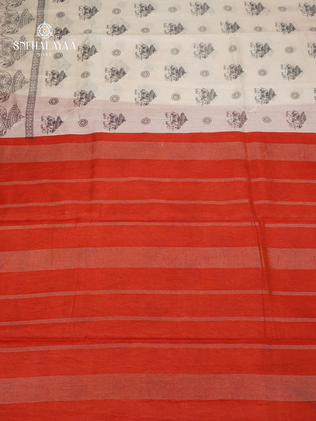 Off-White Kalamkari Saree with Red Woven Border