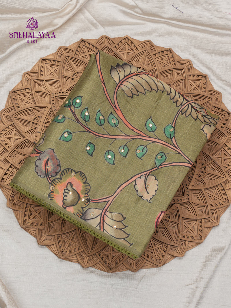 Olive Green Tussar Embroidery Saree