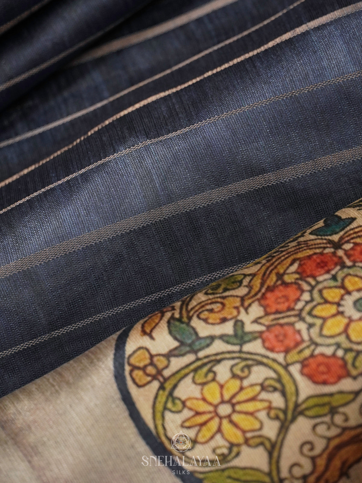 Navy Blue Munga Tussar Saree