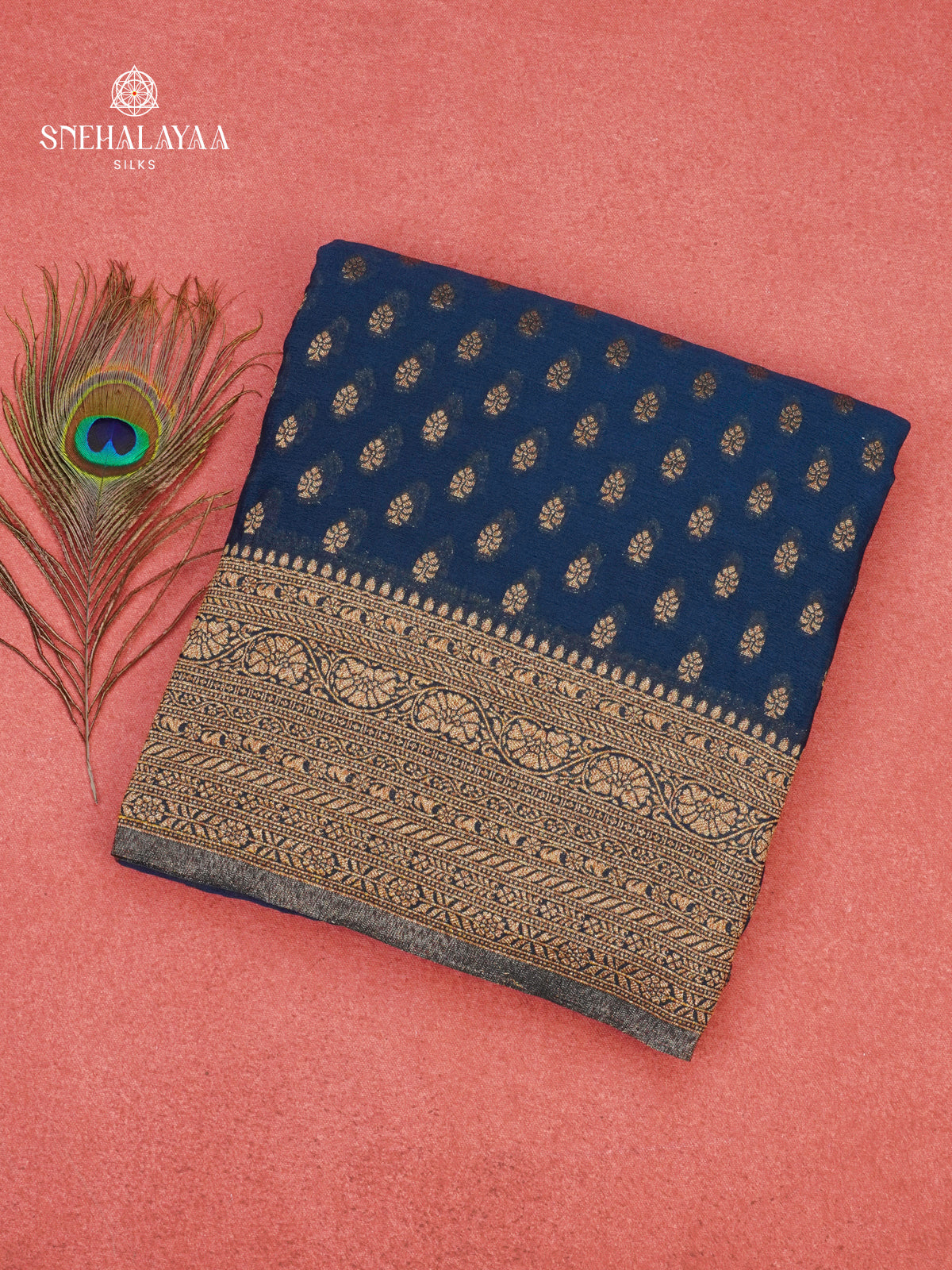 Navy Blue Banaras Crepe Silk Saree