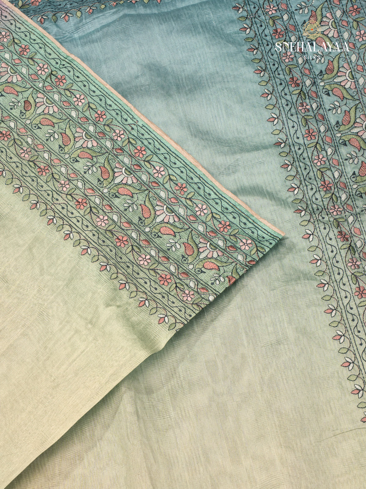 Pastel Green Linen Embroidery Saree