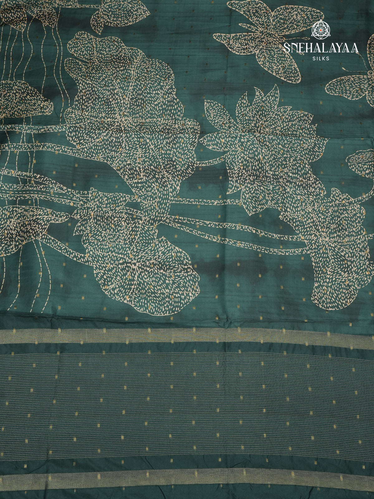 Forest Green Floral Printed Tussar Saree