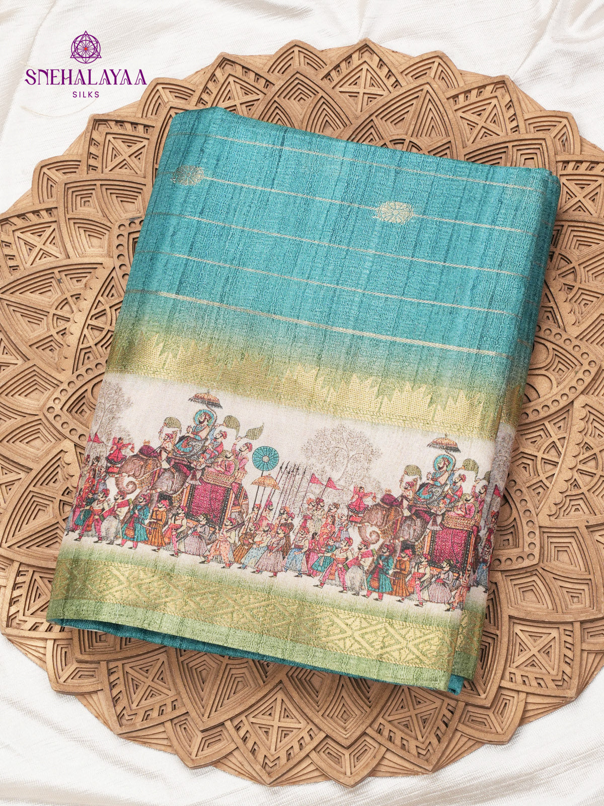 Sea Blue Kalamkari Tussar Saree