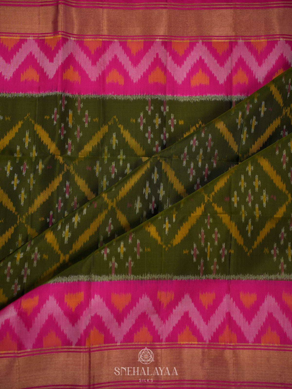 Olive Green Ikat Soft Silk Saree