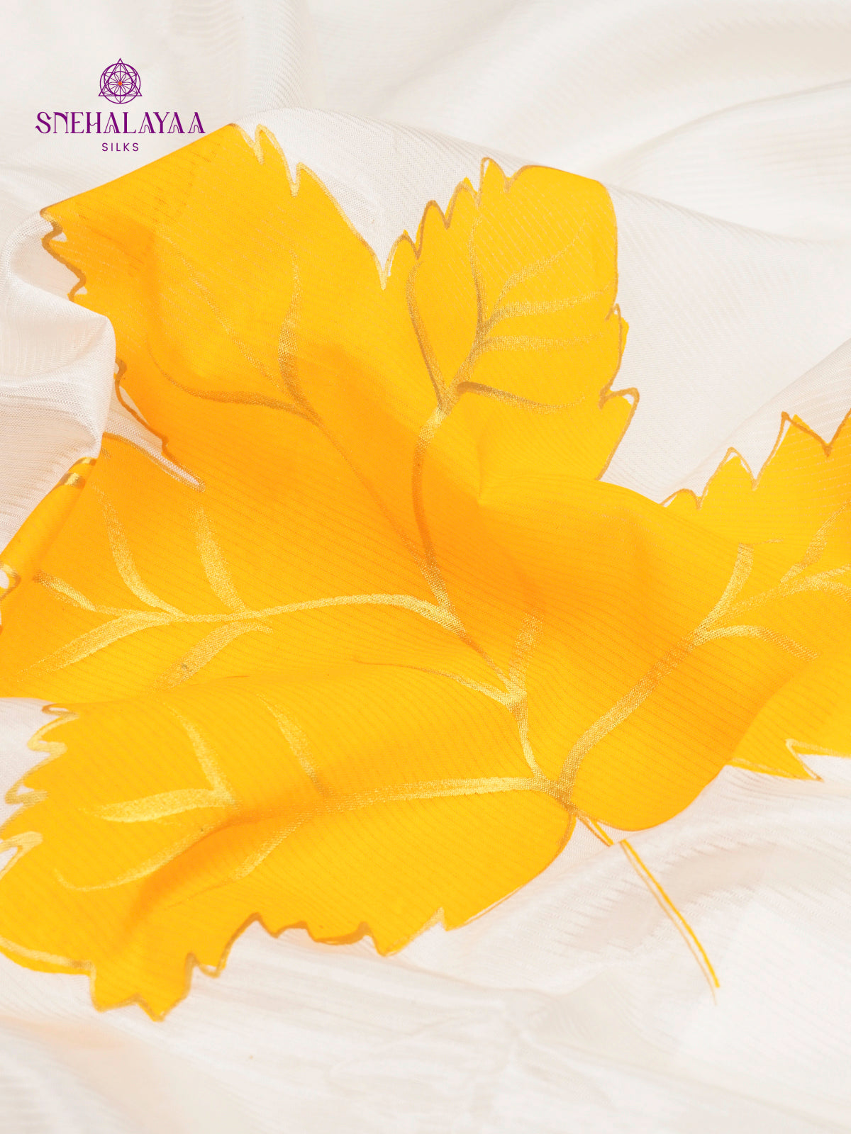 Off White Mangalagiri Silk Cotton Saree with Hand Painted Yellow Leaf Motifs