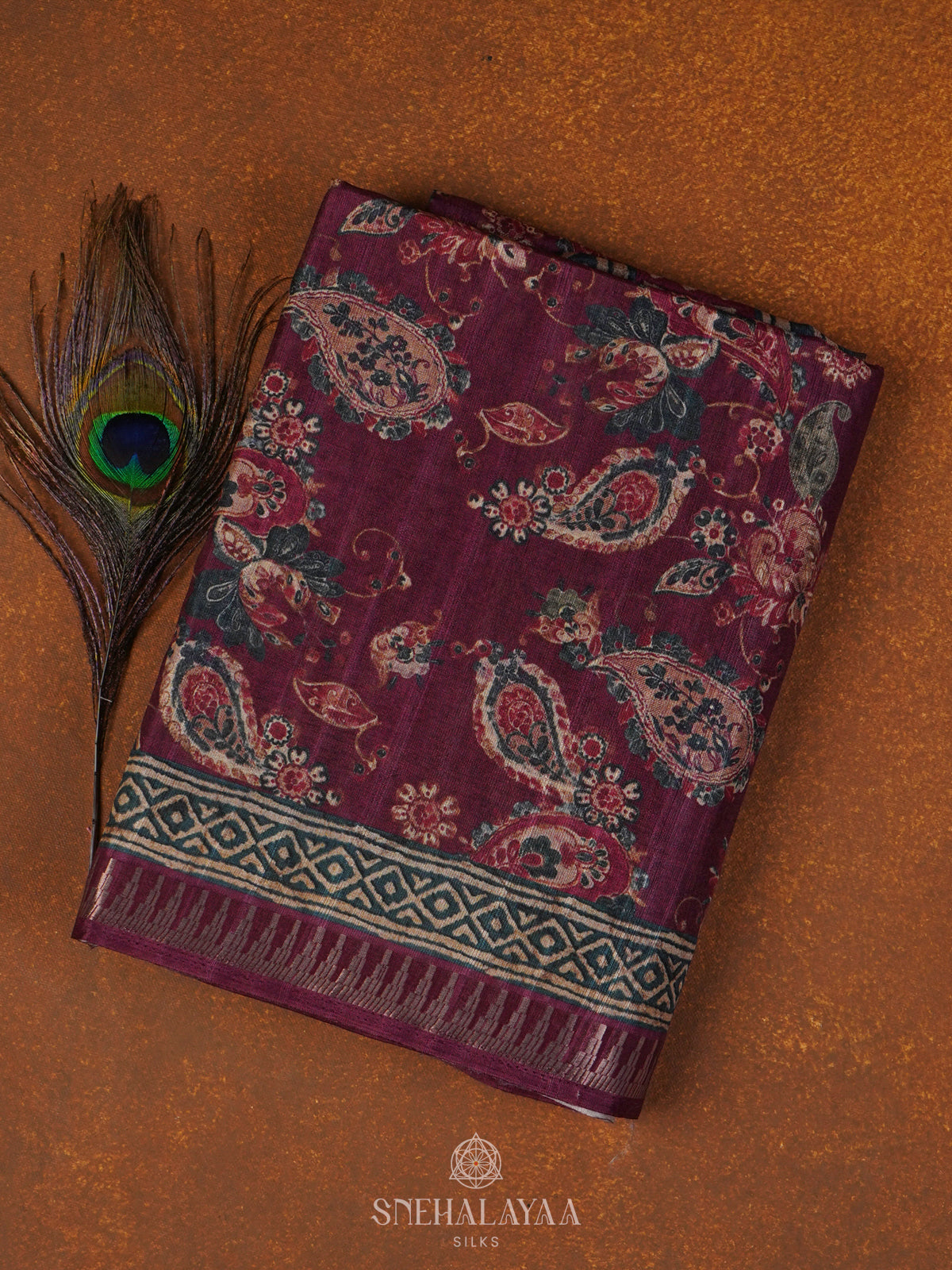 Burgundy Floral Printed Tussar Saree