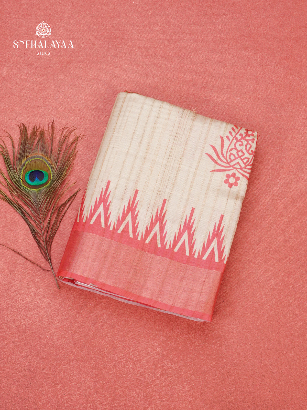 Beige With Pink Border Tussar Saree
