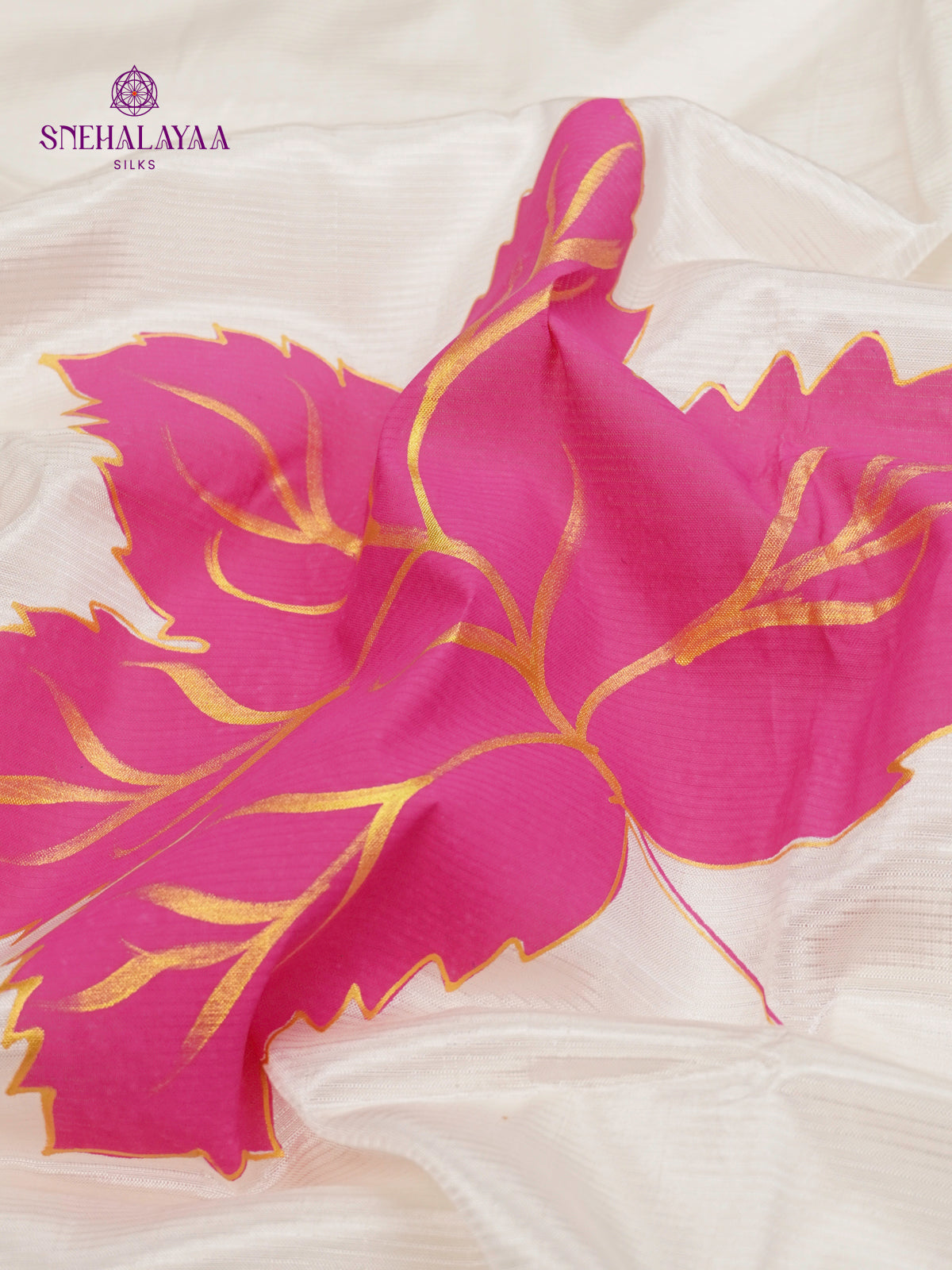 Off White Mangalagiri Silk Cotton Saree with Hand Painted Pink Leaf Motifs